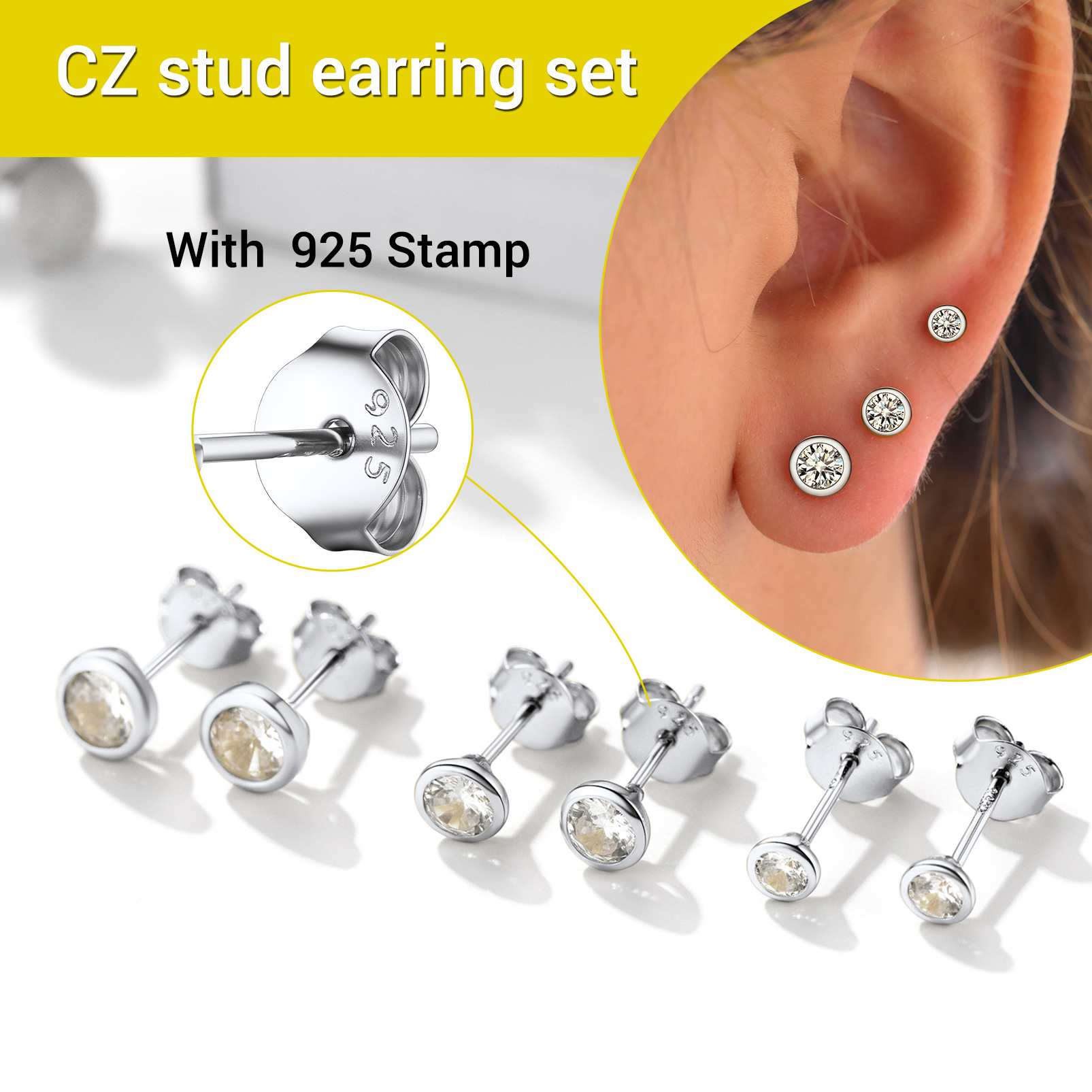 3PCS Sterling Silver ChicSilver Minimalist Sparkling Cubic Zirconia Stud Earrings Set