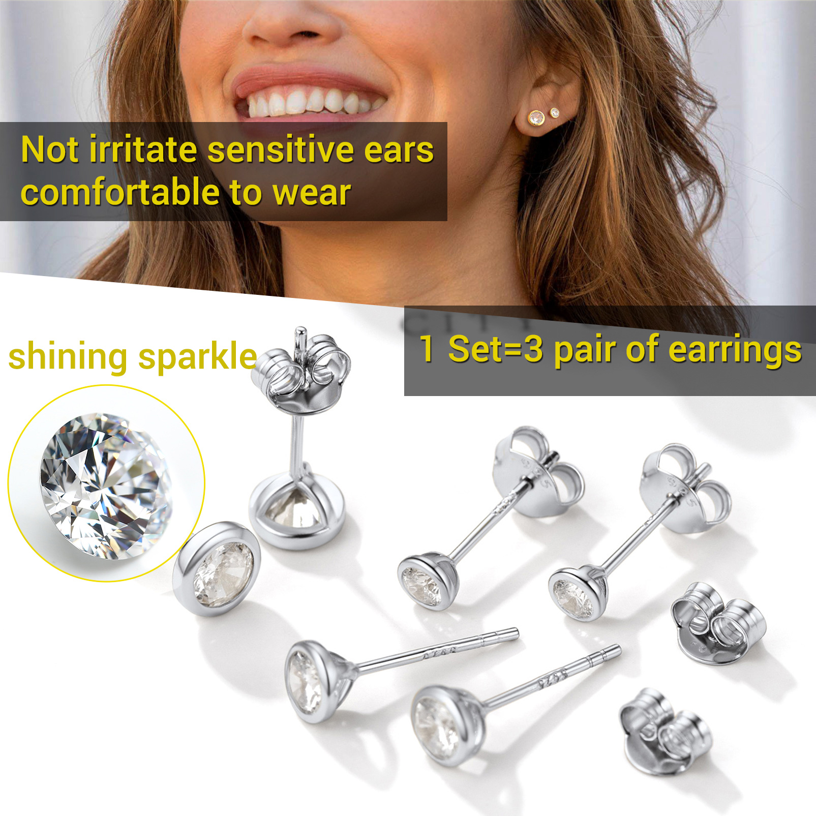 3PCS Sterling Silver ChicSilver Minimalist Sparkling Cubic Zirconia Stud Earrings Set Details: Dimensions, Hypoallergenic, Push Back Finding