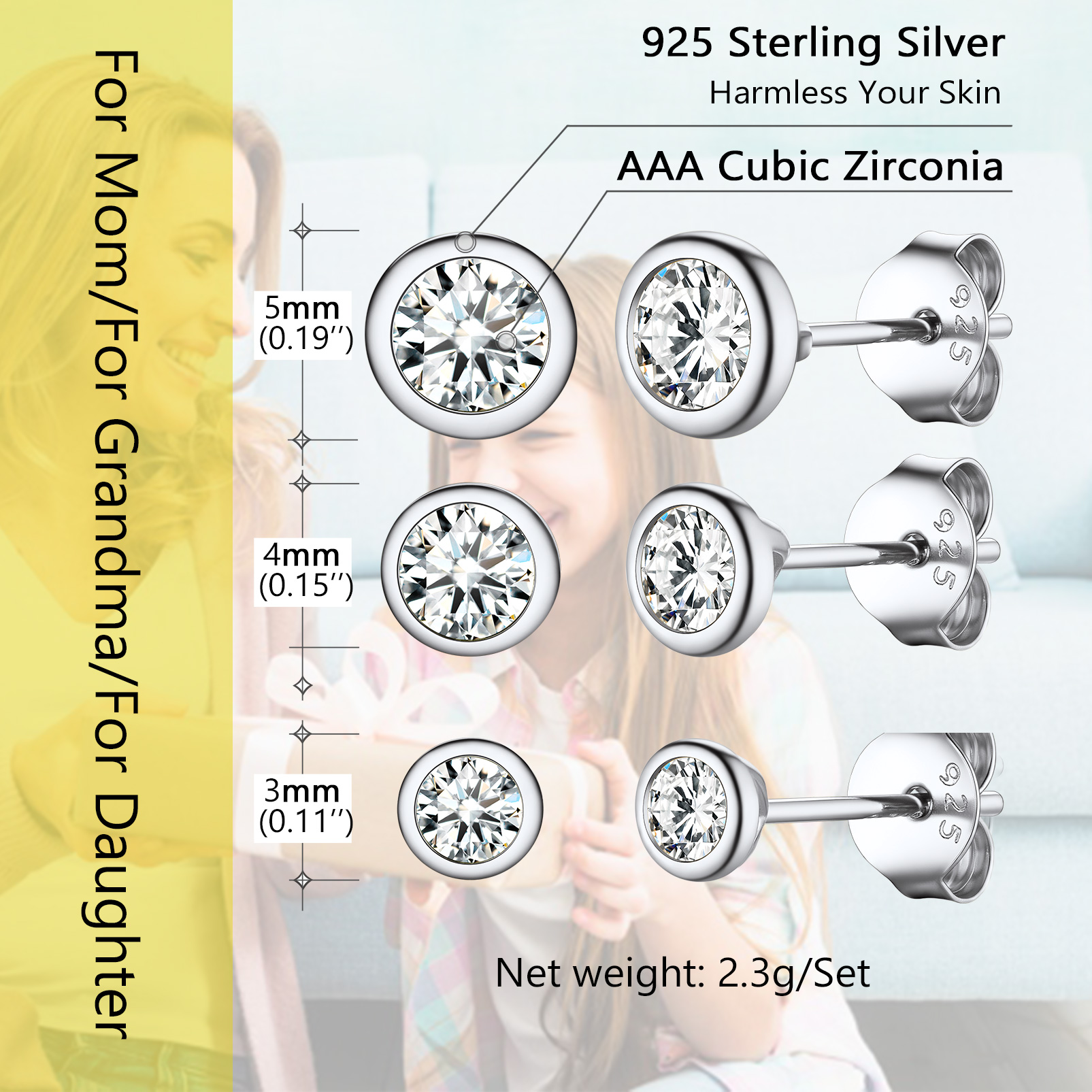 3PCS Minimalist Sparkling Cubic Zirconia Stud Earrings Set Details: Dimensions, Hypoallergenic, Push Back Finding