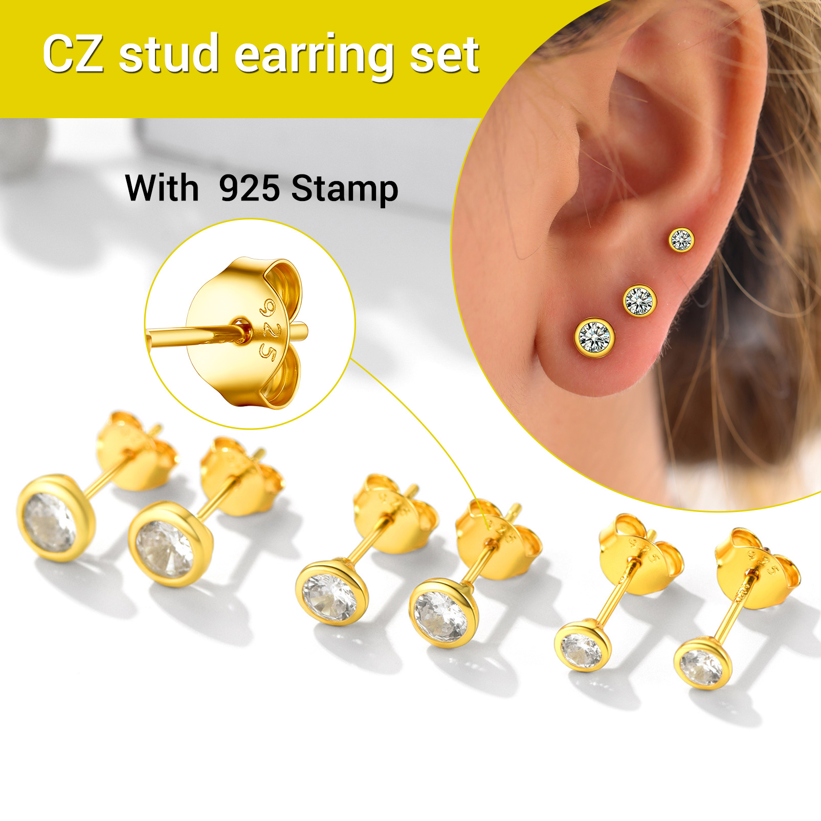 3PCS  Sterling Silver ChicSilver Minimalist Sparkling Cubic Zirconia Stud Earrings Set