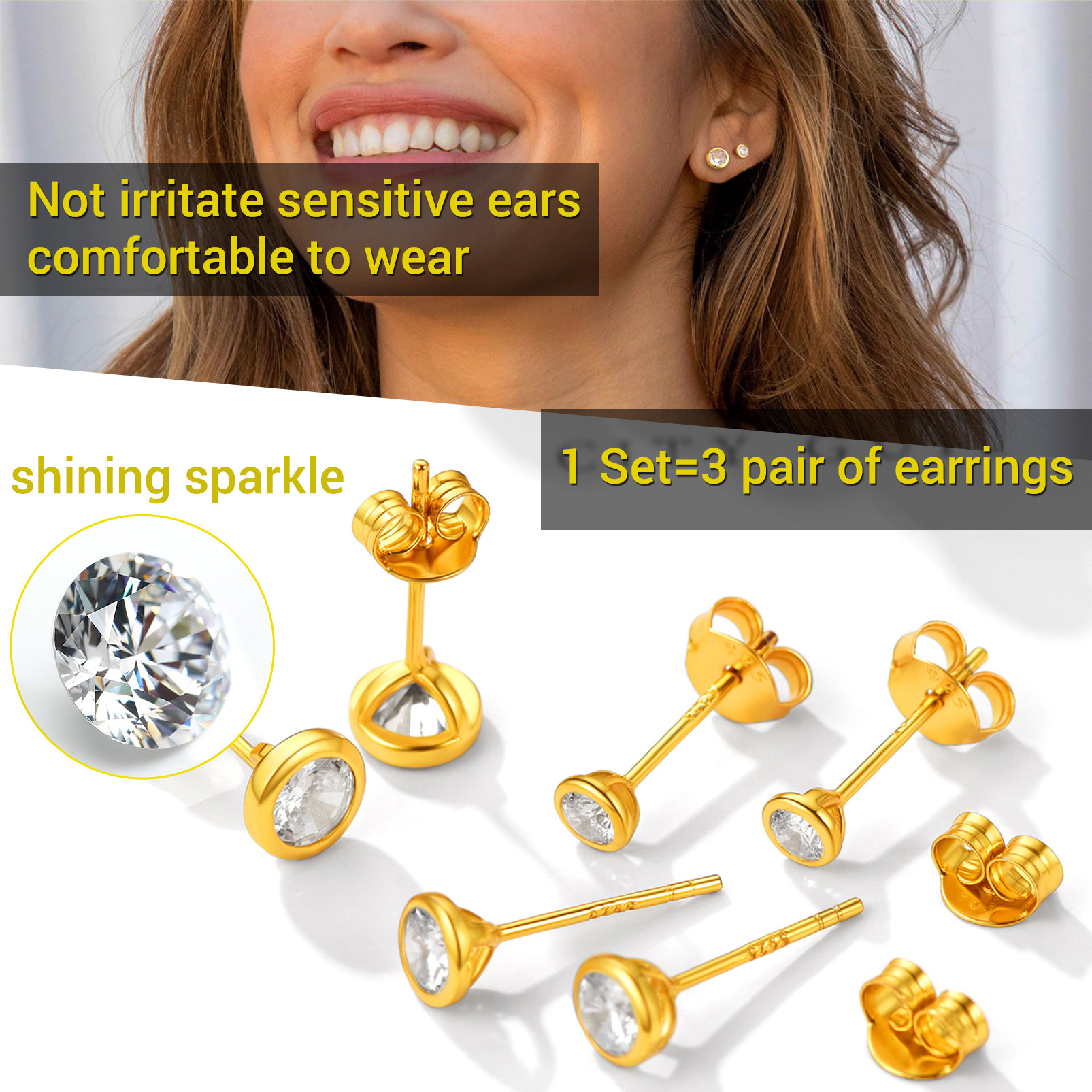 3PCS Sterling Silver ChicSilver  Minimalist Sparkling Cubic Zirconia Stud Earrings Set Details: Dimensions, Hypoallergenic, Push Back Finding