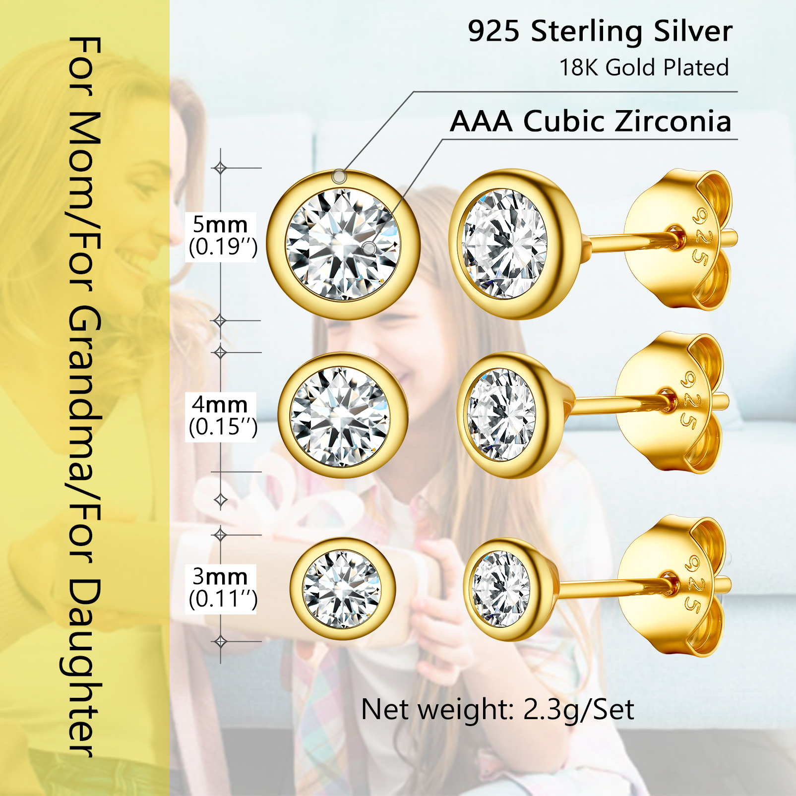 3PCS Minimalist Sparkling Cubic Zirconia Stud Earrings Set Details: Dimensions, Hypoallergenic, Push Back Finding