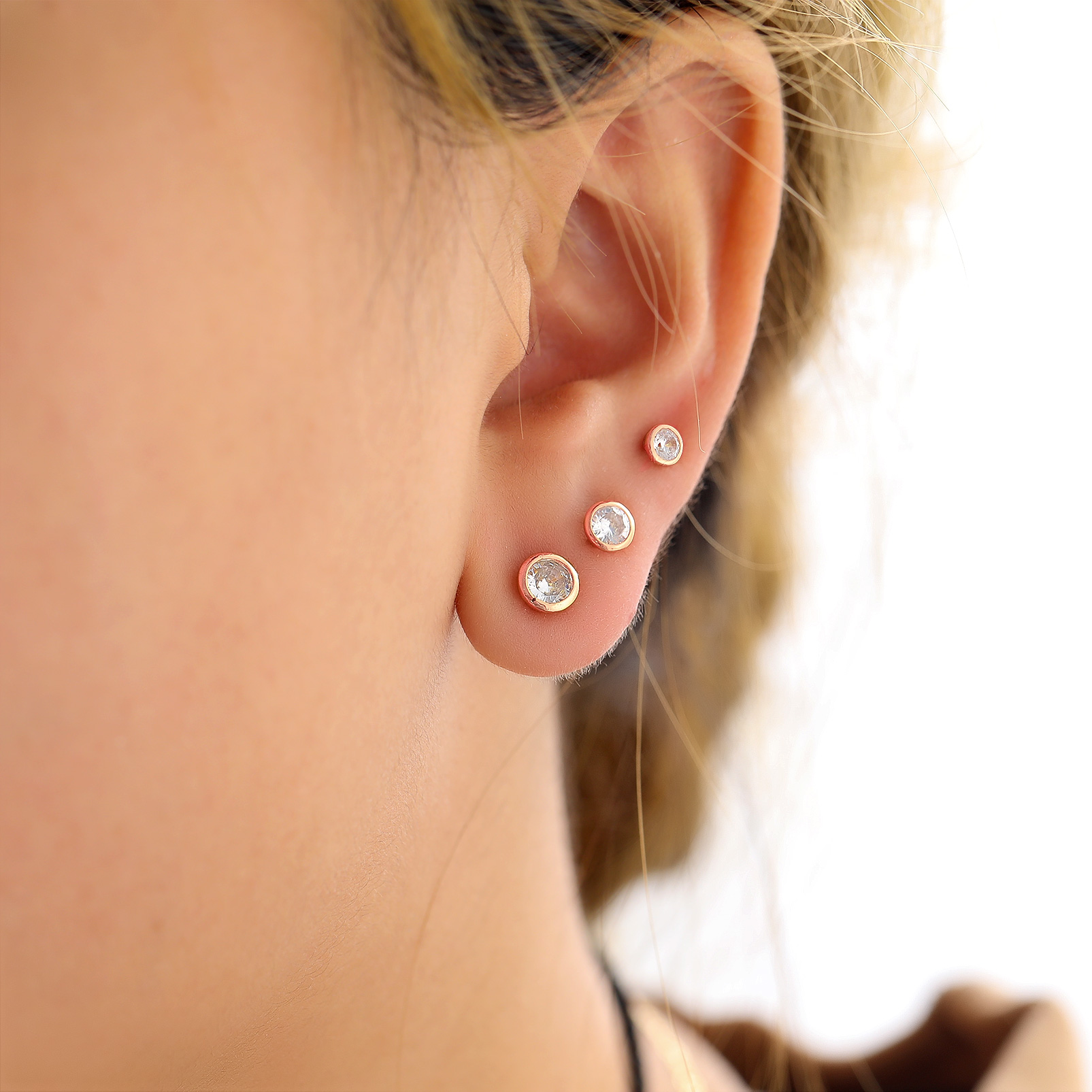 3PCS Rose Gold Minimalist Sparkling Cubic Zirconia Stud Earrings Set for Women, Ladies, Mother, Friends, girlfriend