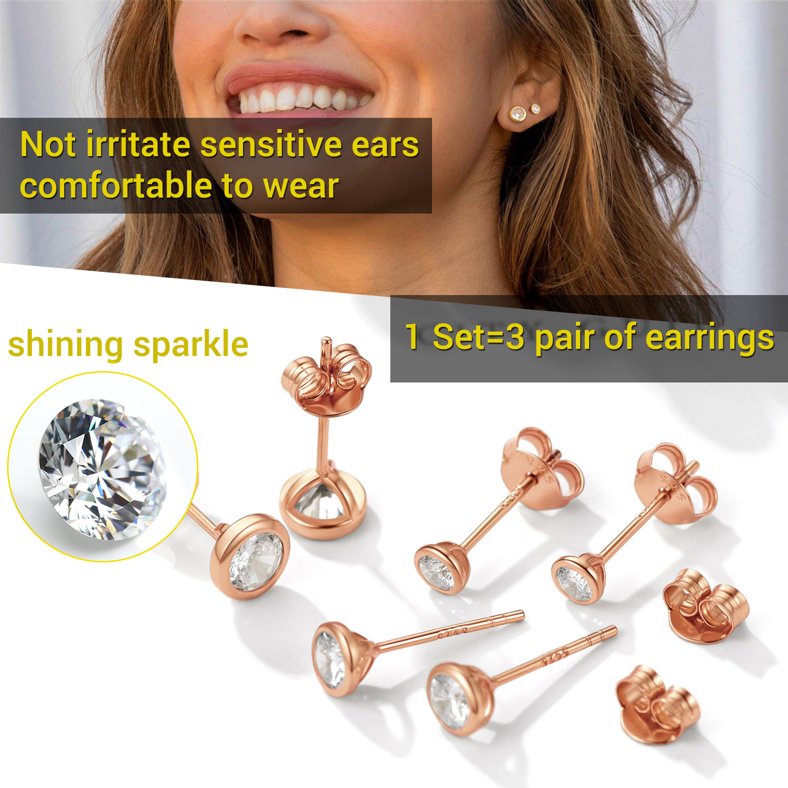 3PCS Sterling Silver ChicSilver  Minimalist Sparkling Cubic Zirconia Stud Earrings Set Details: Dimensions, Hypoallergenic, Push Back Finding