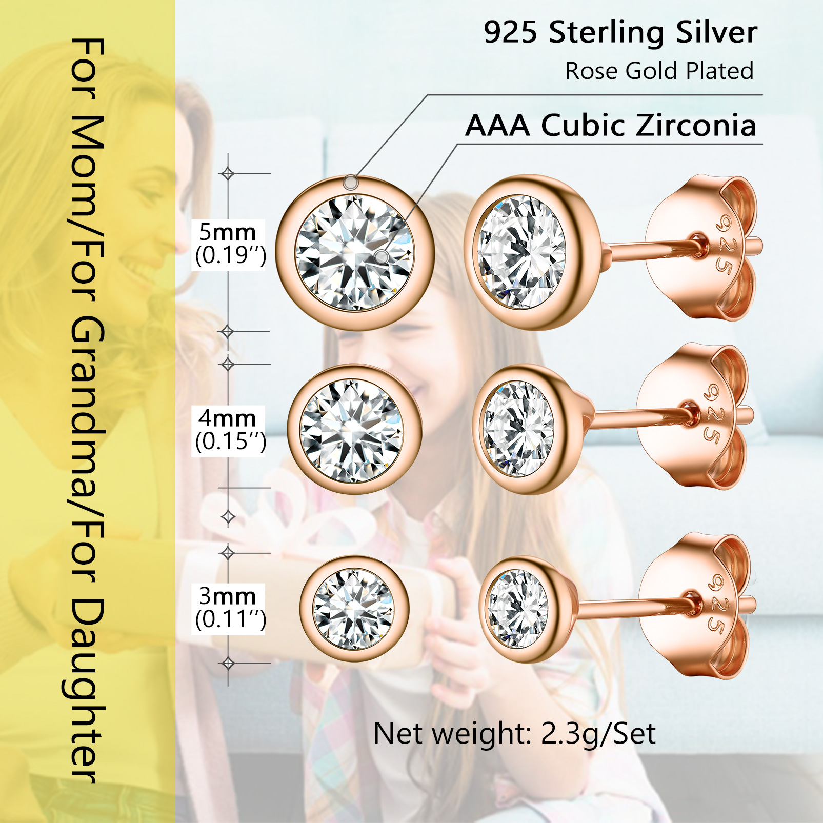 3PCS Minimalist Sparkling Cubic Zirconia Stud Earrings Set Details: Dimensions, Hypoallergenic, Push Back Finding