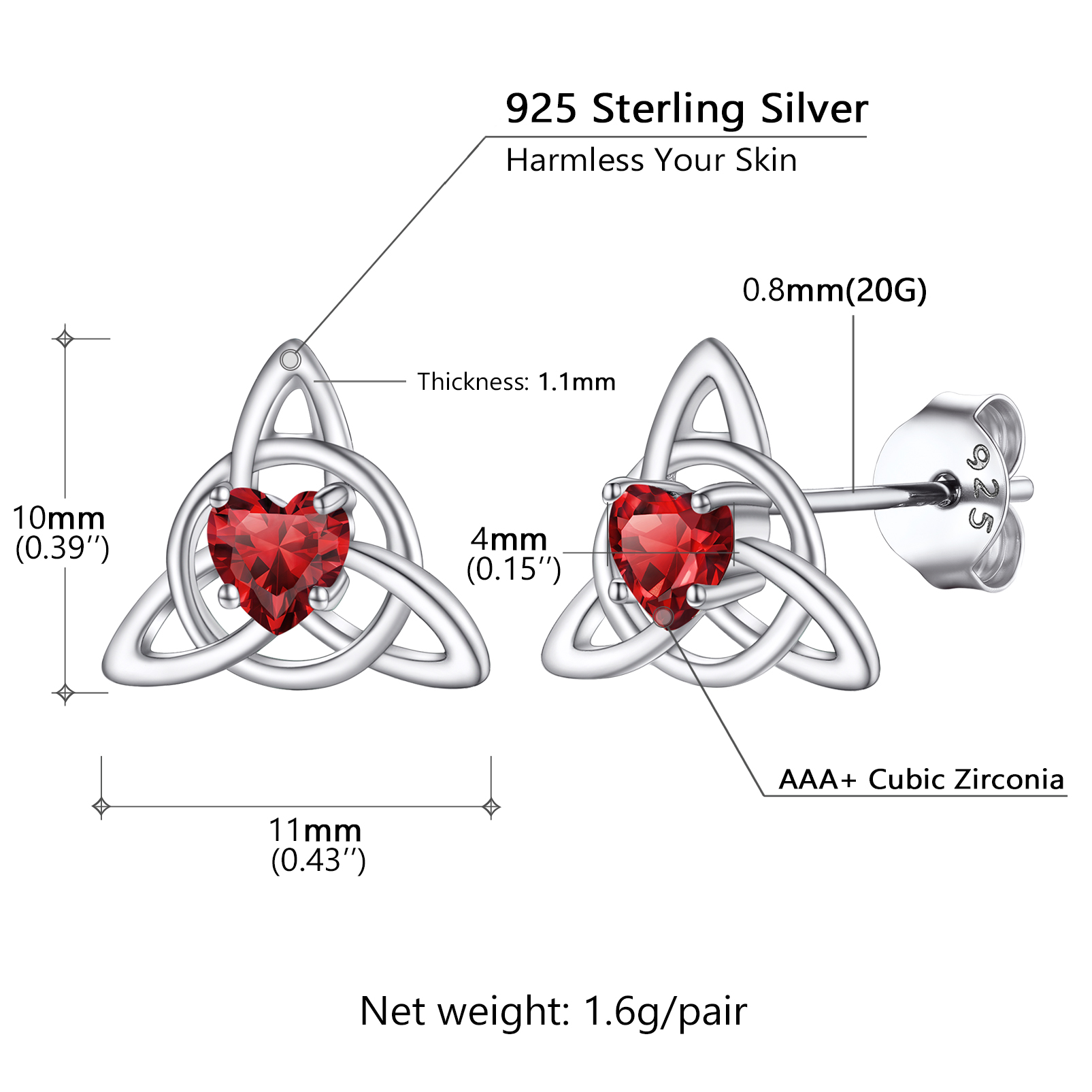 Celtic Knot Heart Adorned Birthstone Stud Earring Details: Dimensions, Hypoallergenic, Push Back Finding