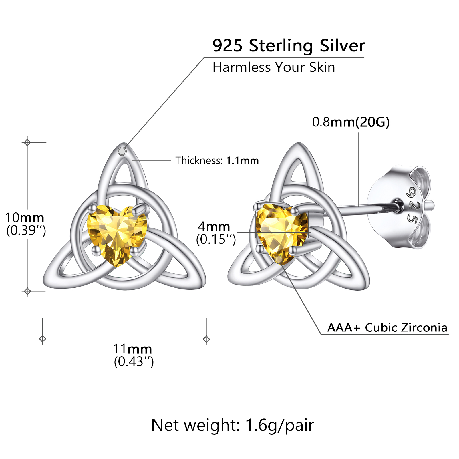 Celtic Knot Heart Adorned Birthstone Stud Earring Details: Dimensions, Hypoallergenic, Push Back Finding