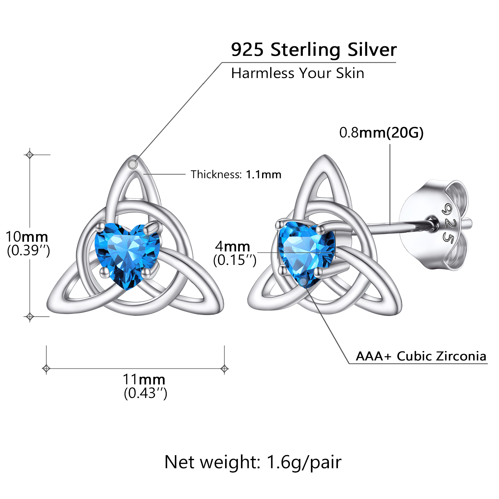 Celtic Knot Heart Adorned Birthstone Stud Earring Details: Dimensions, Hypoallergenic, Push Back Finding