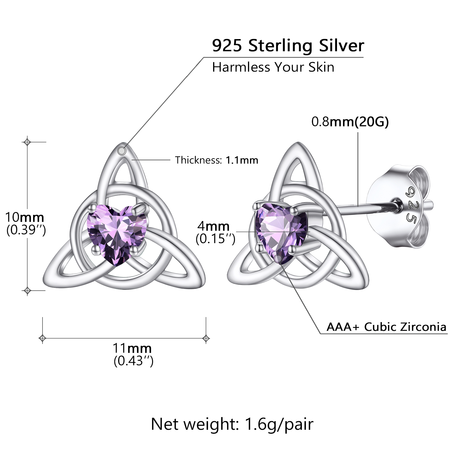 Celtic Knot Heart Adorned Birthstone Stud Earring Details: Dimensions, Hypoallergenic, Push Back Finding