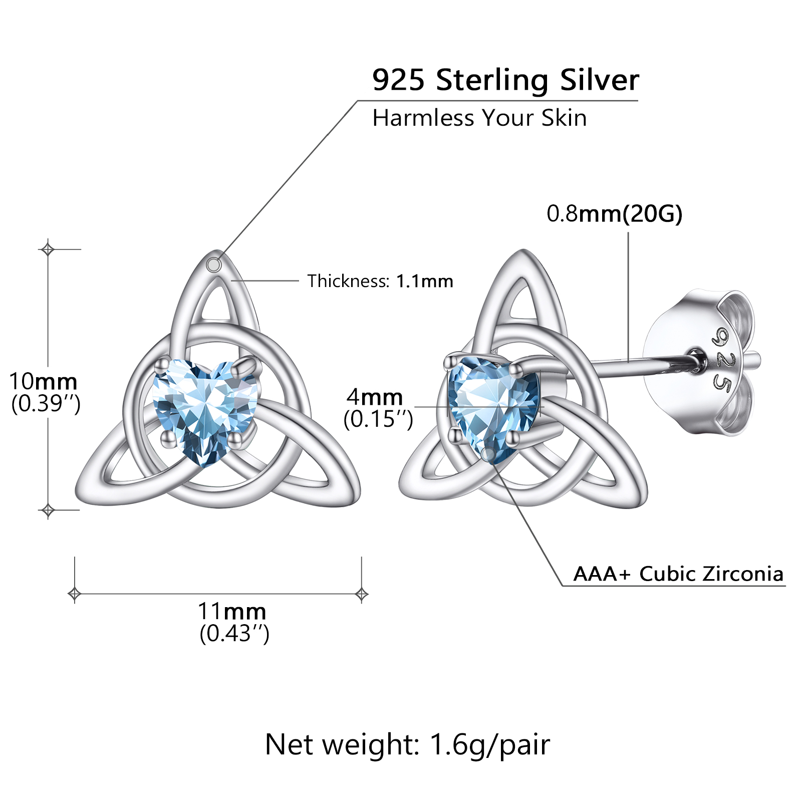 Celtic Knot Heart Adorned Birthstone Stud Earring Details: Dimensions, Hypoallergenic, Push Back Finding