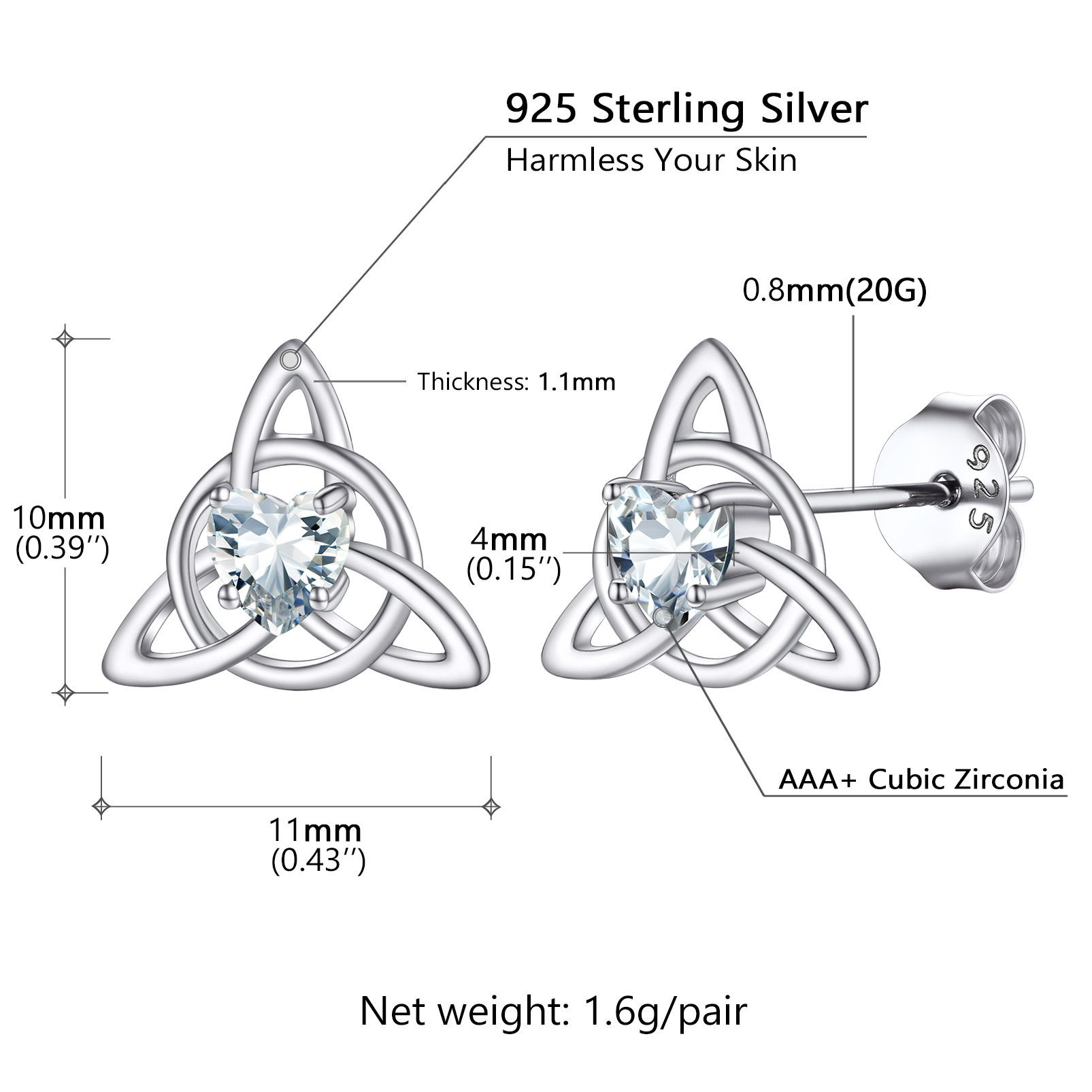 Celtic Knot Heart Adorned Birthstone Stud Earring Details: Dimensions, Hypoallergenic, Push Back Finding