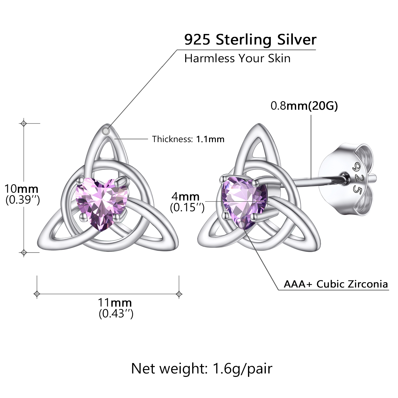 Celtic Knot Heart Adorned Birthstone Stud Earring Details: Dimensions, Hypoallergenic, Push Back Finding