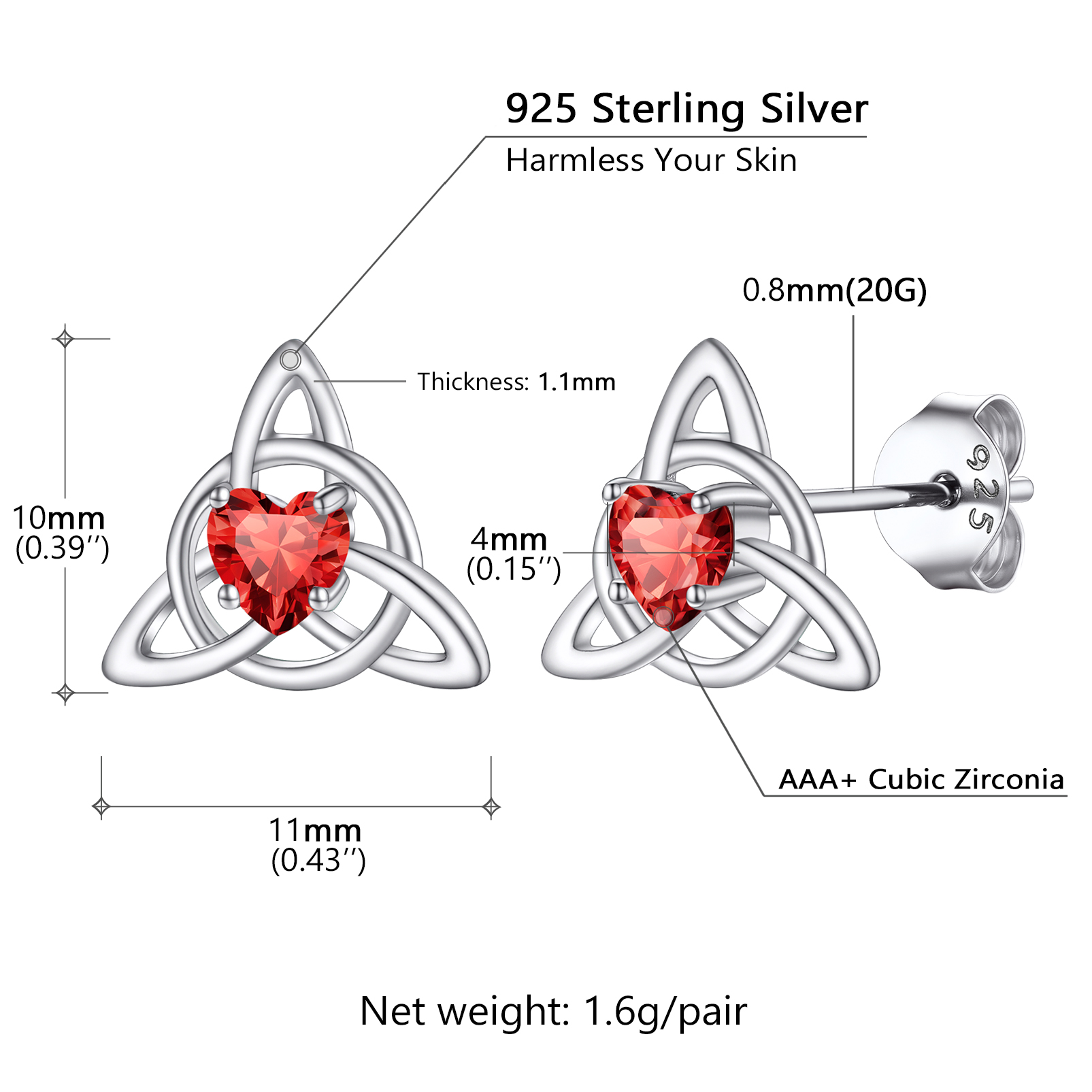 Celtic Knot Heart Adorned Birthstone Stud Earring Details: Dimensions, Hypoallergenic, Push Back Finding