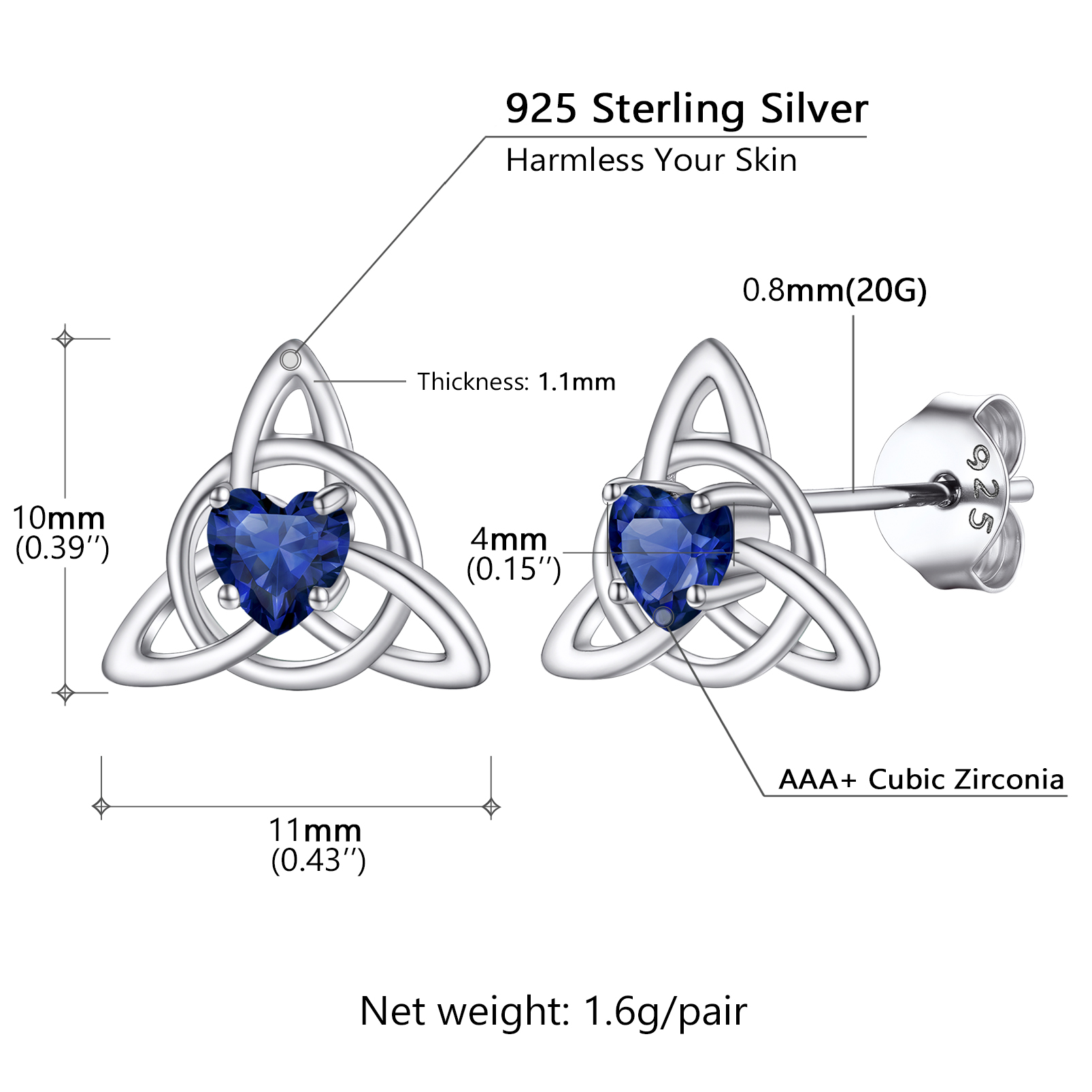 Celtic Knot Heart Adorned Birthstone Stud Earring Details: Dimensions, Hypoallergenic, Push Back Finding