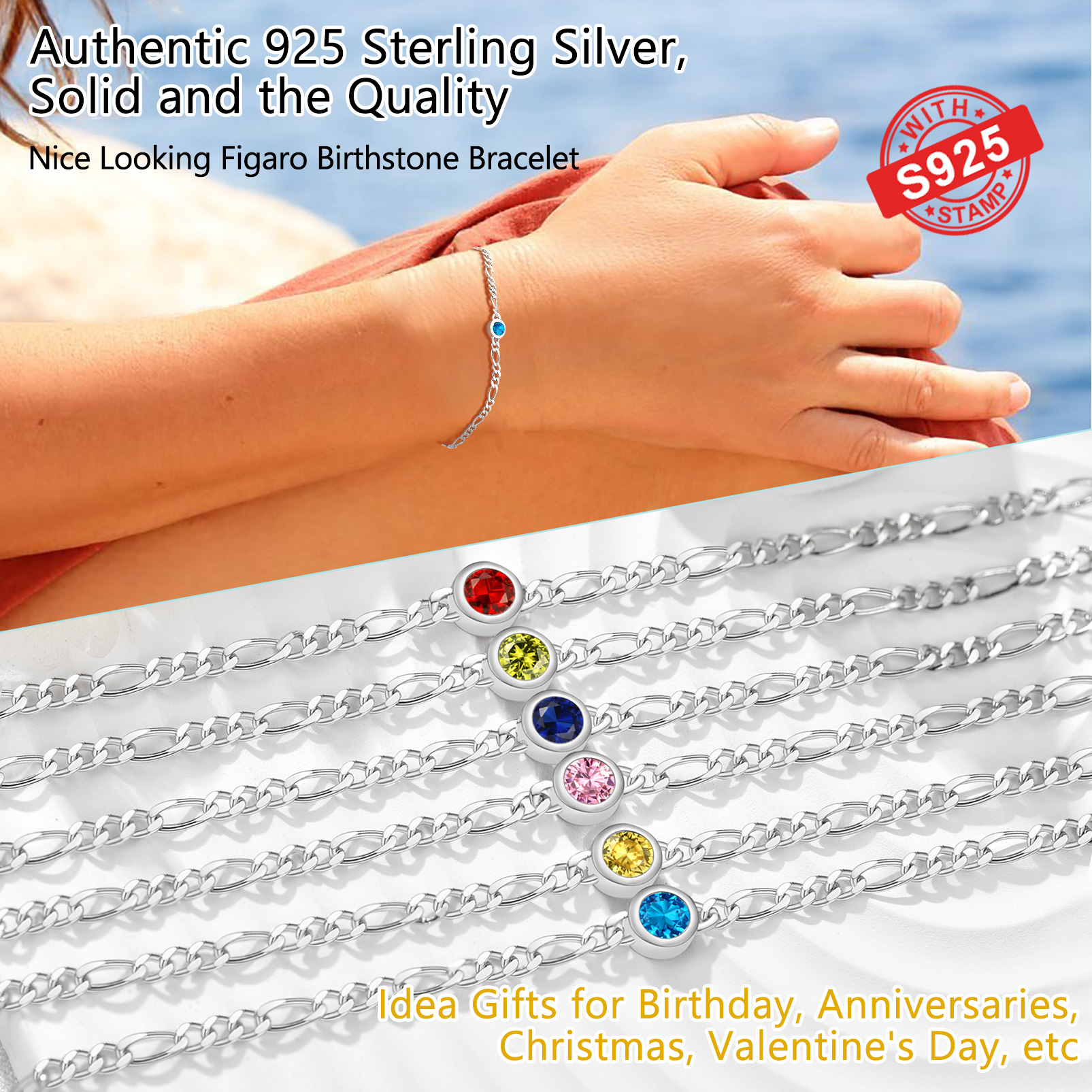 Sterling Silver ChicSilver Dainty 3mm Thin Chain Bracelets Adorned Birthstone in Different Month Colors
