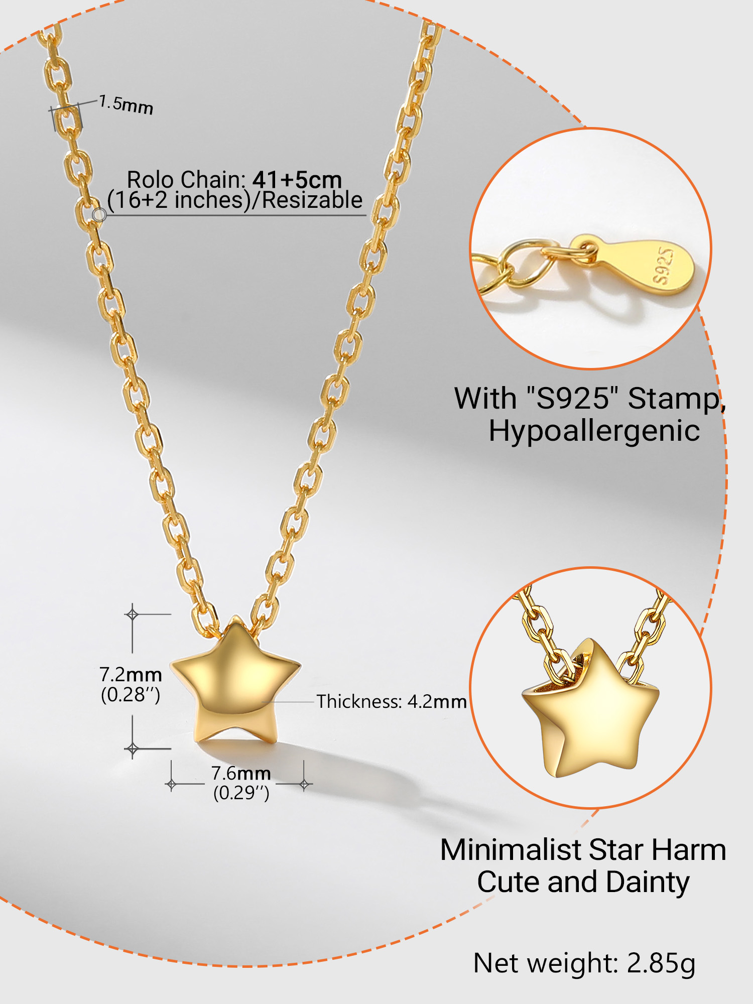 Star Dainty Pendant Necklace Details: Dimensions, Hypoallergenic, Lobster-Claw-Clasps