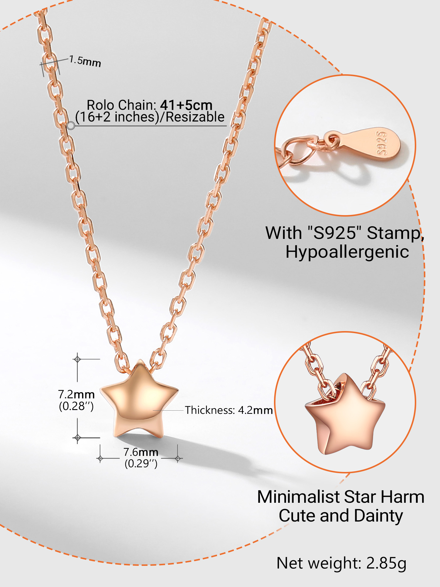 Star Dainty Pendant Necklace Details: Dimensions, Hypoallergenic, Lobster-Claw-Clasps