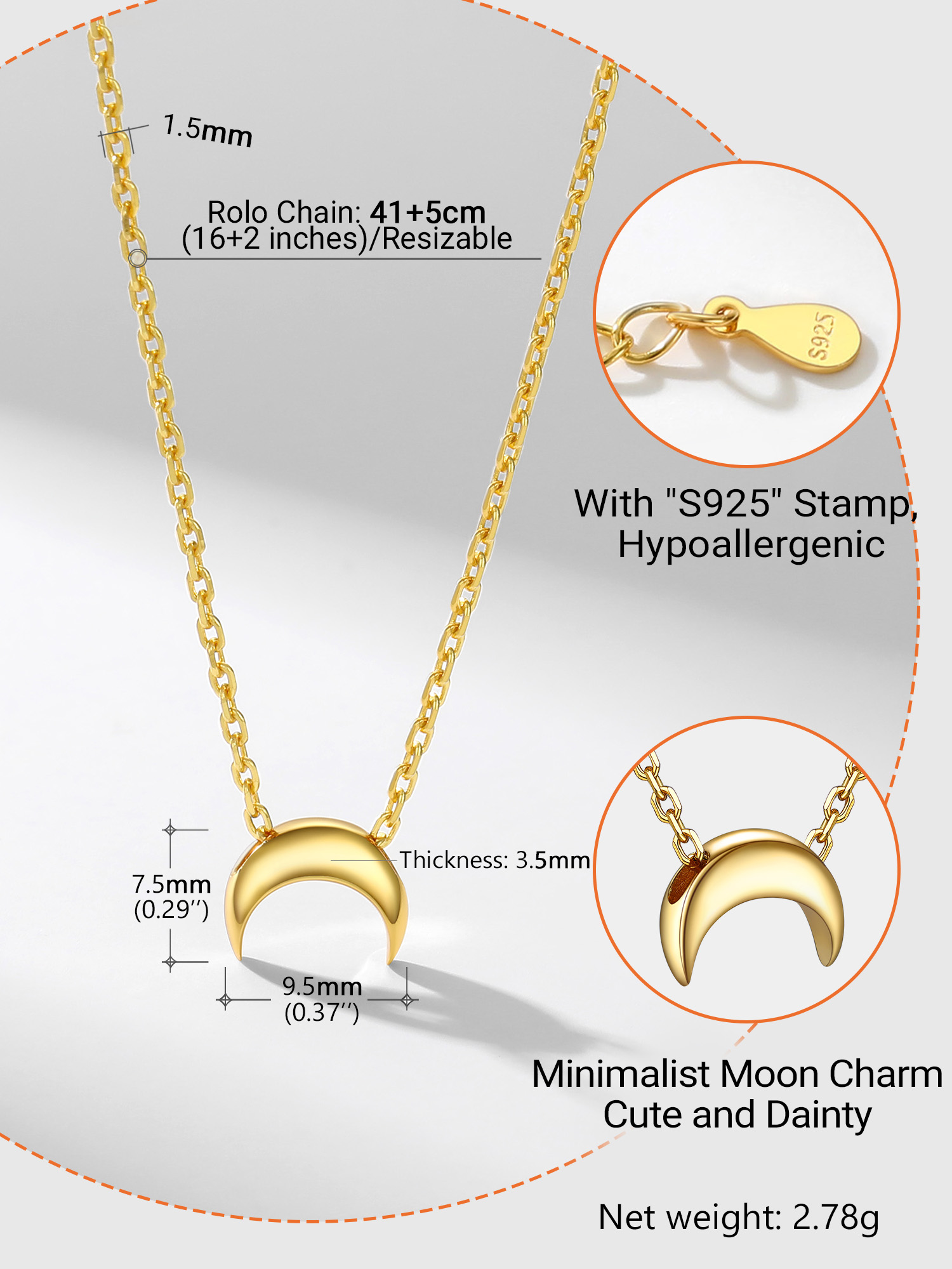 Sterling Silver Moon Dainty Pendant Necklace