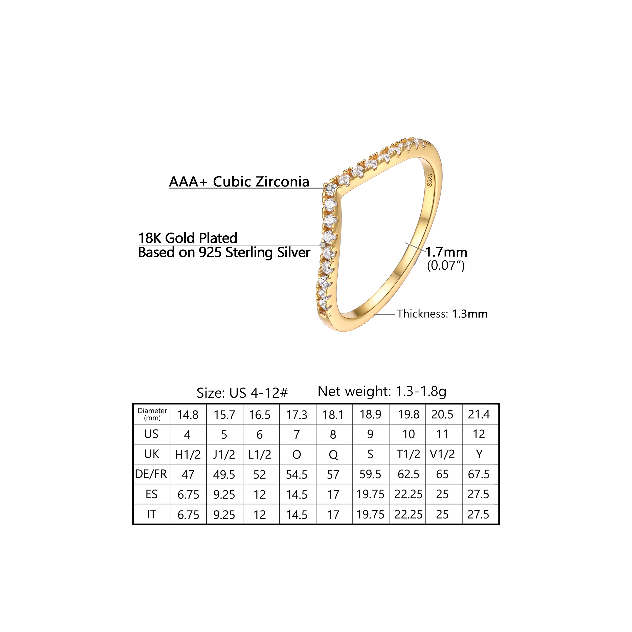 Sterling Silver ChicSilver Cubic Zirconia Wishbone Ring Details: Dimensions, Hypoallergenic, US size for 4~12