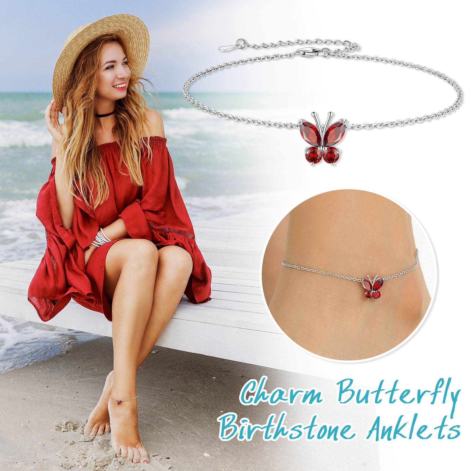 Sterling Silver ChicSilver Cute Butterfly Waterproof jan. Birthstone Anklet for Women, Ladies, Mother, Friends, girlfriend