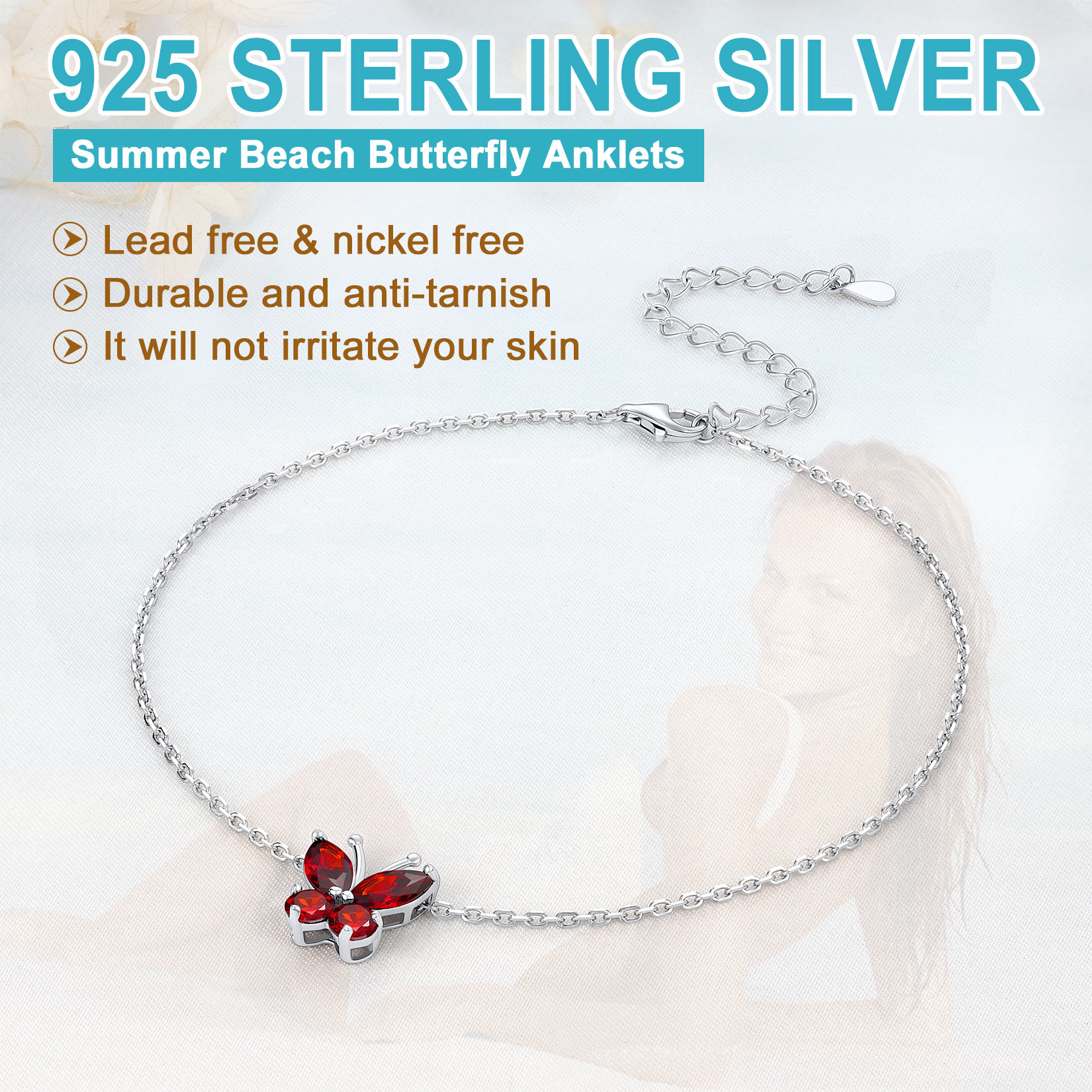 Sterling Silver ChicSilver Cute Butterfly Waterproof Birthstone Anklet