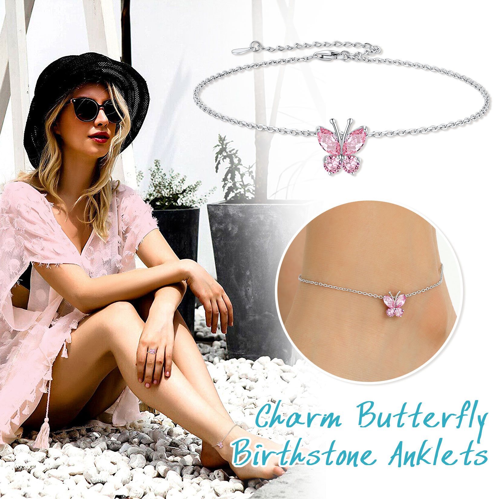 Sterling Silver ChicSilver Cute Butterfly Waterproof Oct. Birthstone Anklet for Women, Ladies, Mother, Friends, girlfriend