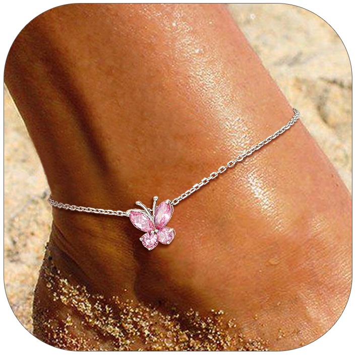 Sterling Silver Cute Butterfly Waterproof Oct. Birthstone Anklet for girlfriend