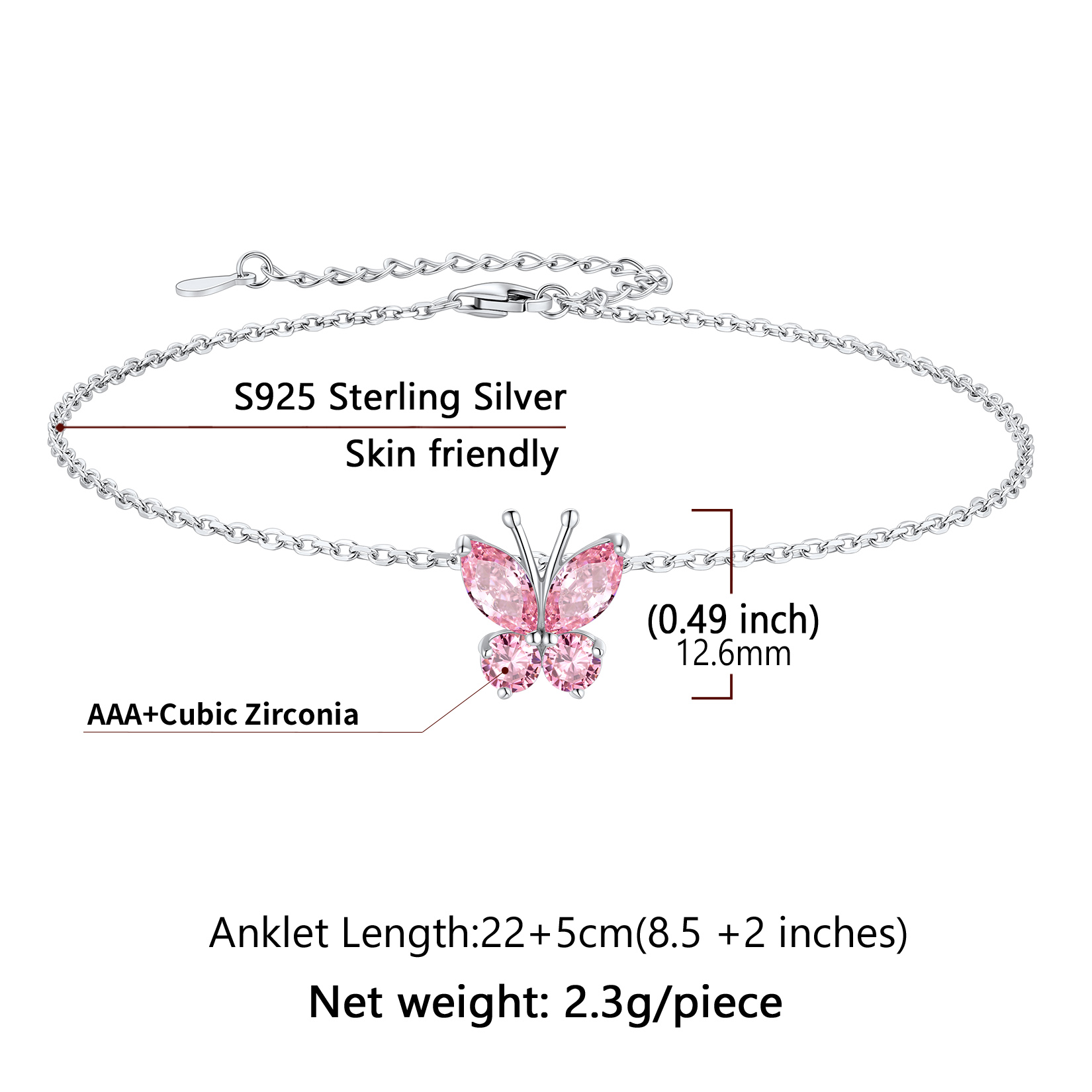 Cute Butterfly Waterproof Birthstone Anklet Details: Dimensions, Hypoallergenic, Lobster-Claw-Clasps， Size: Length : 22cm, extender is 5cm, adjustable size: 8.5"-10.5", lightweight: 2.3 grams.