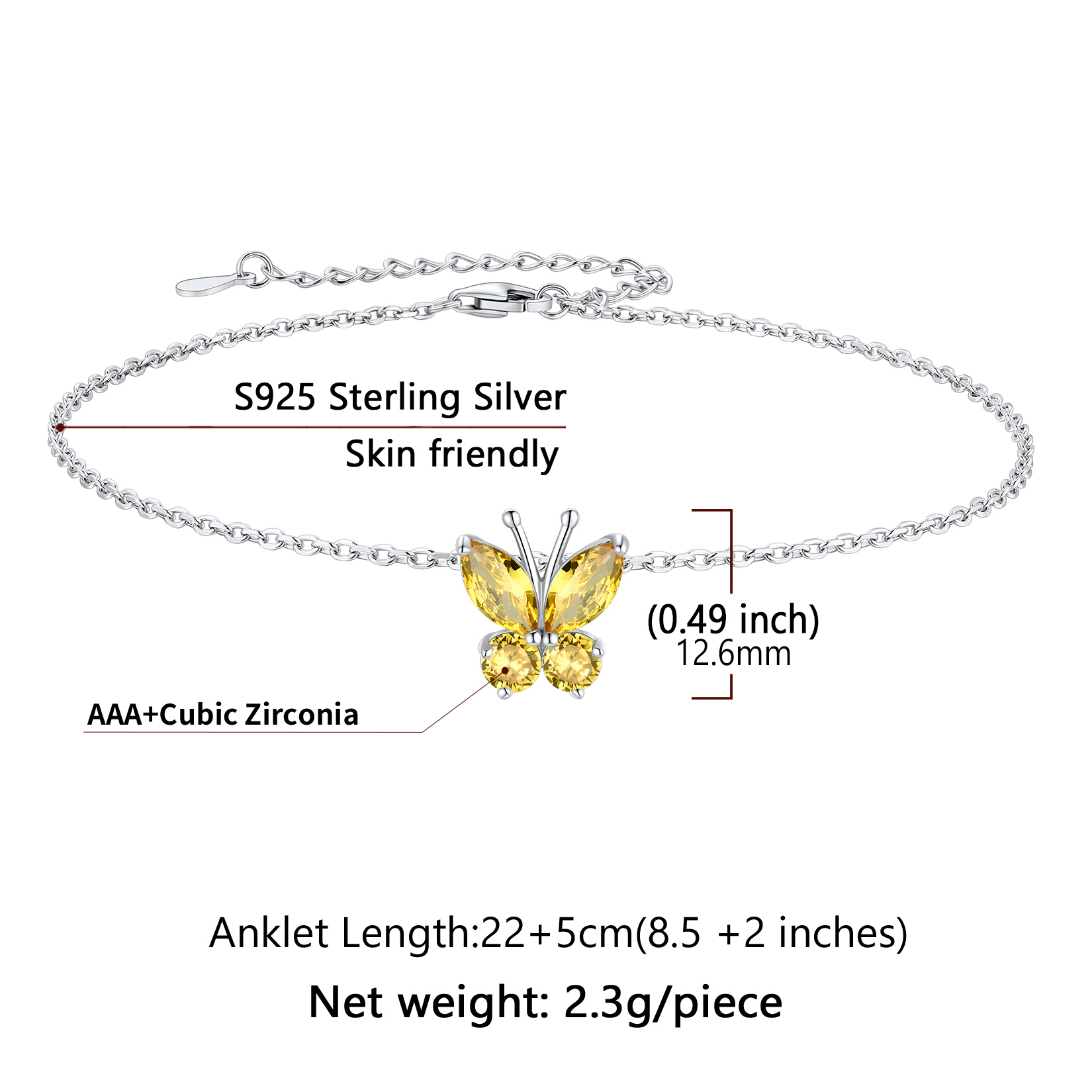 Cute Butterfly Waterproof Birthstone Anklet Details: Dimensions, Hypoallergenic, Lobster-Claw-Clasps， Size: Length : 22cm, extender is 5cm, adjustable size: 8.5"-10.5", lightweight: 2.3 grams.