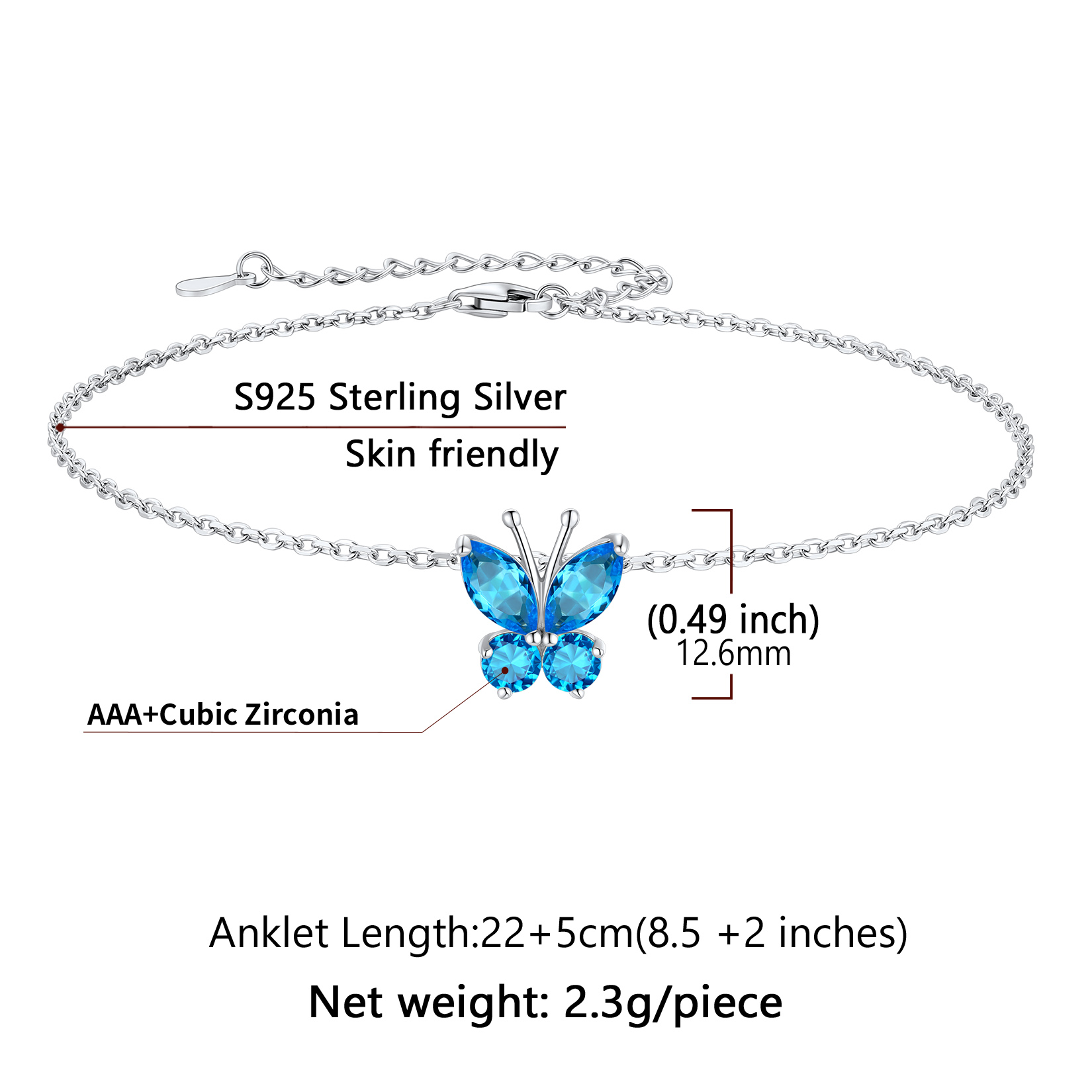 Cute Butterfly Waterproof Birthstone Anklet Details: Dimensions, Hypoallergenic, Lobster-Claw-Clasps， Size: Length : 22cm, extender is 5cm, adjustable size: 8.5"-10.5", lightweight: 2.3 grams.