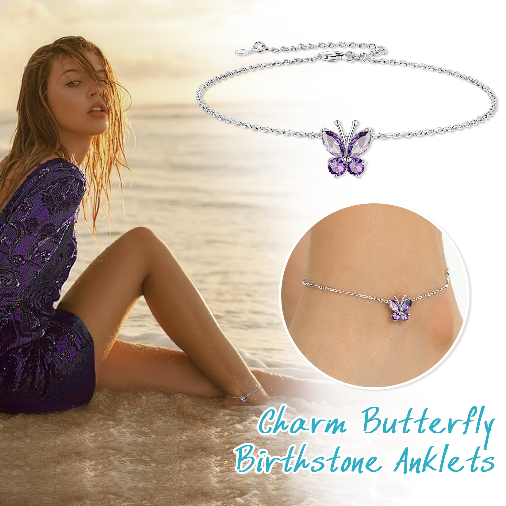 Sterling Silver ChicSilver Cute Butterfly Waterproof Feb. Birthstone Anklet for Women, Ladies, Mother, Friends, girlfriend