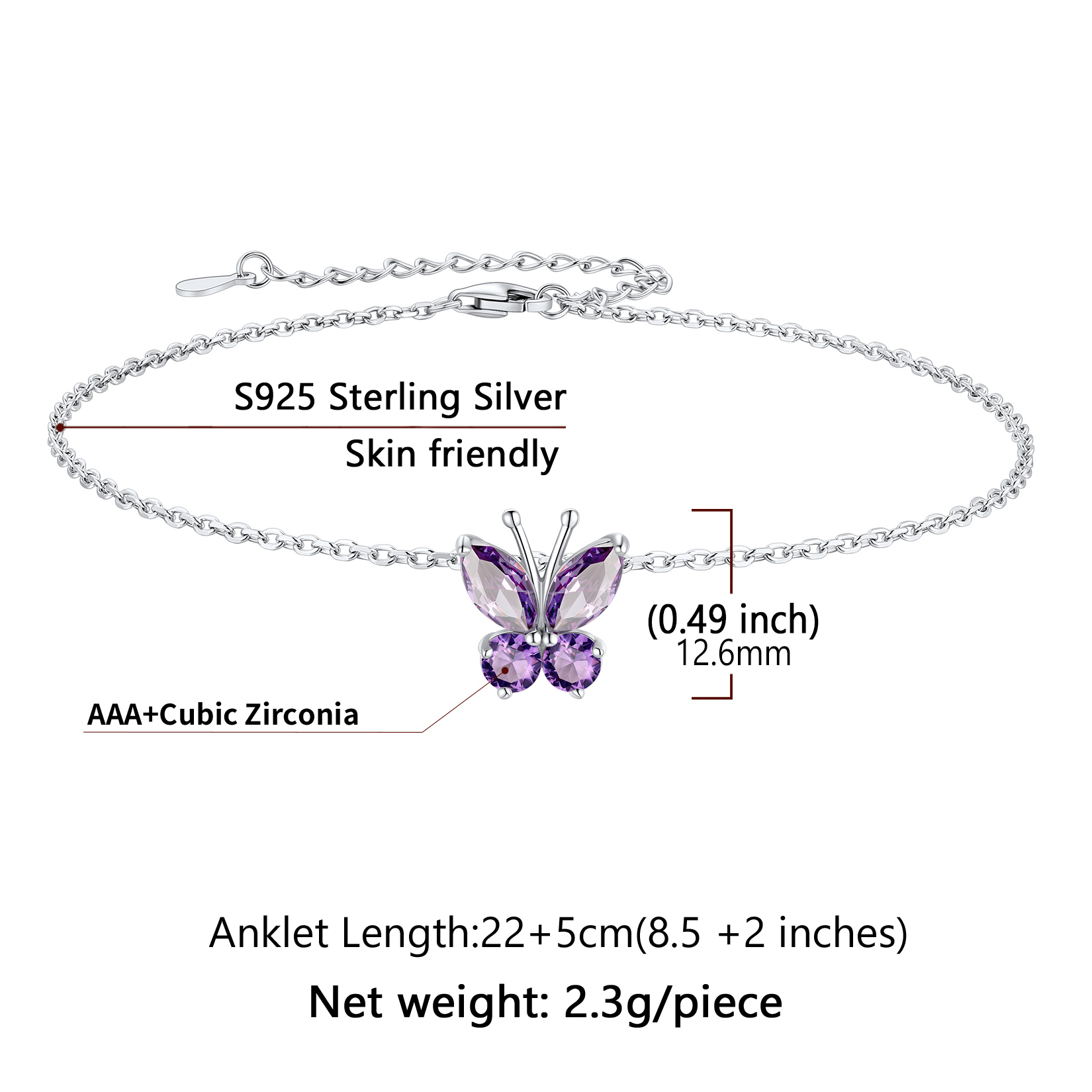 Sterling Silver ChicSilver Cute Butterfly Waterproof Birthstone Anklet Details: Dimensions, Hypoallergenic, Lobster-Claw-Clasps， Size: Length : 22cm, extender is 5cm, adjustable size: 8.5"-10.5", lightweight: 2.3 grams.