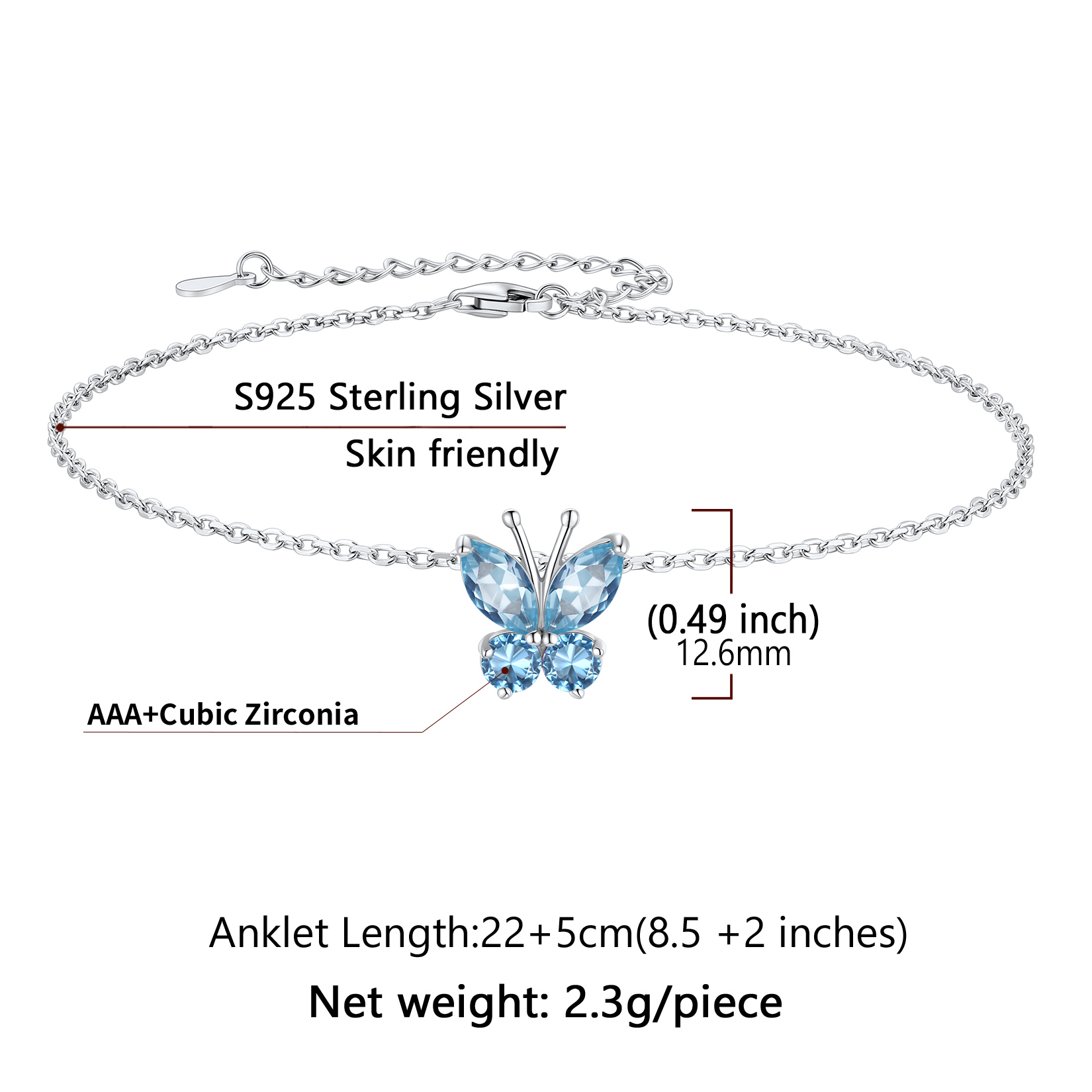 Sterling Silver ChicSilver Cute Butterfly Waterproof Birthstone Anklet Details: Dimensions, Hypoallergenic, Lobster-Claw-Clasps， Size: Length : 22cm, extender is 5cm, adjustable size: 8.5"-10.5", lightweight: 2.3 grams.