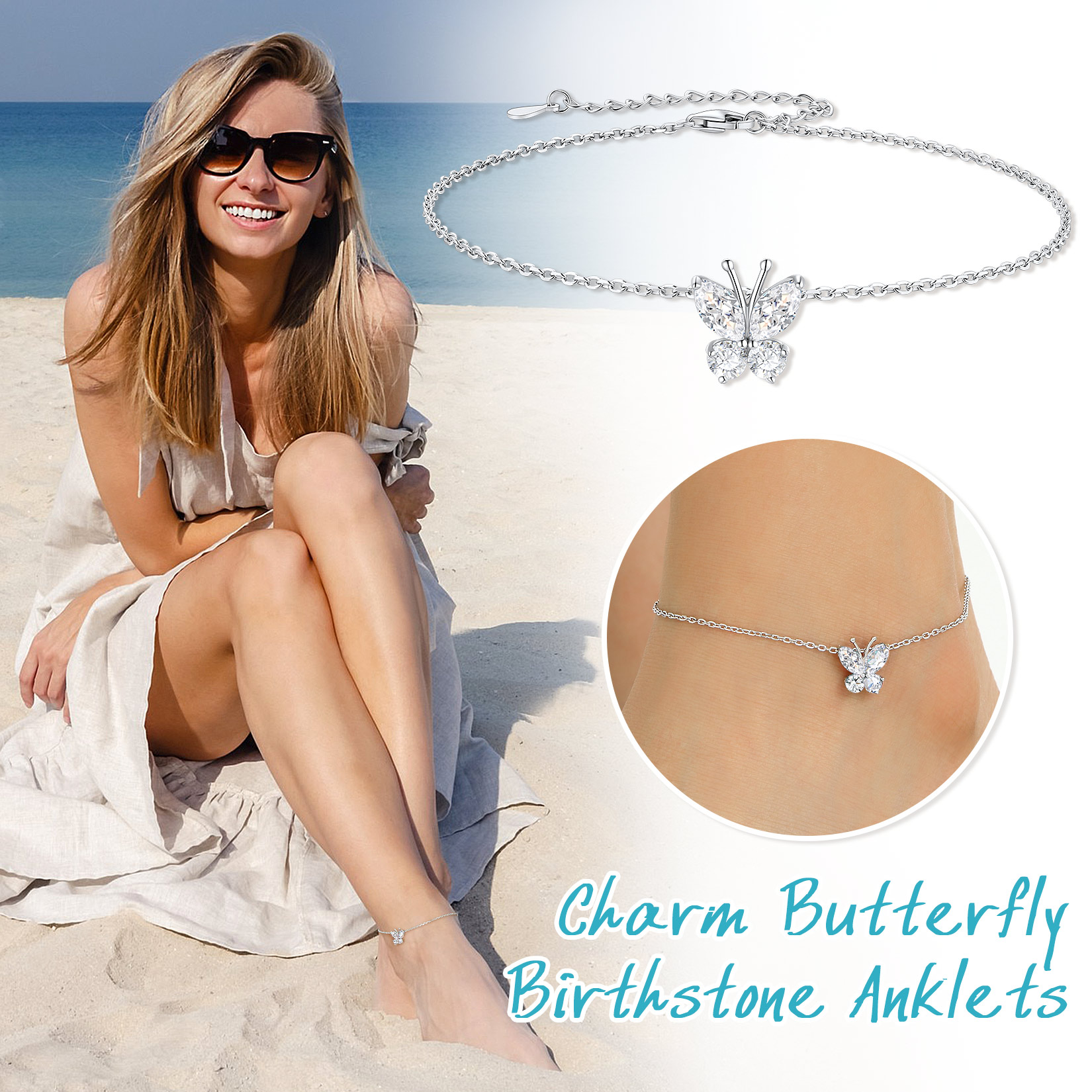 Sterling Silver ChicSilver Cute Butterfly Waterproof Apr. Birthstone Anklet for Women, Ladies, Mother, Friends, girlfriend