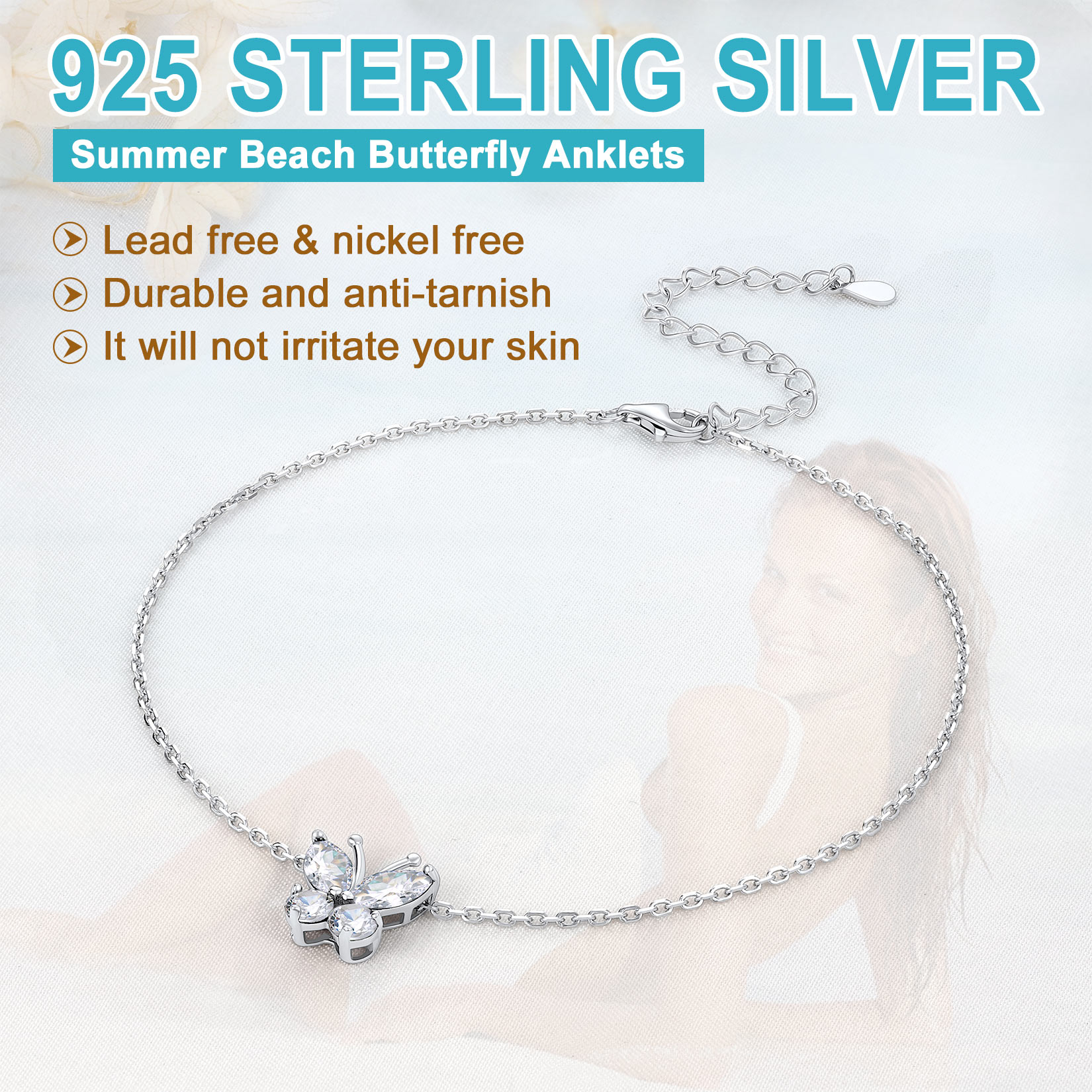 Sterling Silver ChicSilver Cute Butterfly Waterproof Birthstone Anklet