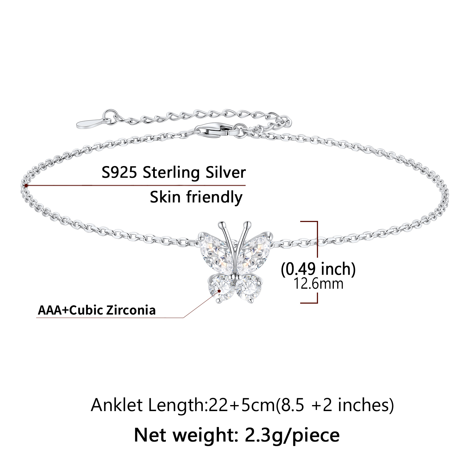 Sterling Silver ChicSilver Cute Butterfly Waterproof Birthstone Anklet Details: Dimensions, Hypoallergenic, Lobster-Claw-Clasps， Size: Length : 22cm, extender is 5cm, adjustable size: 8.5"-10.5", lightweight: 2.3 grams.