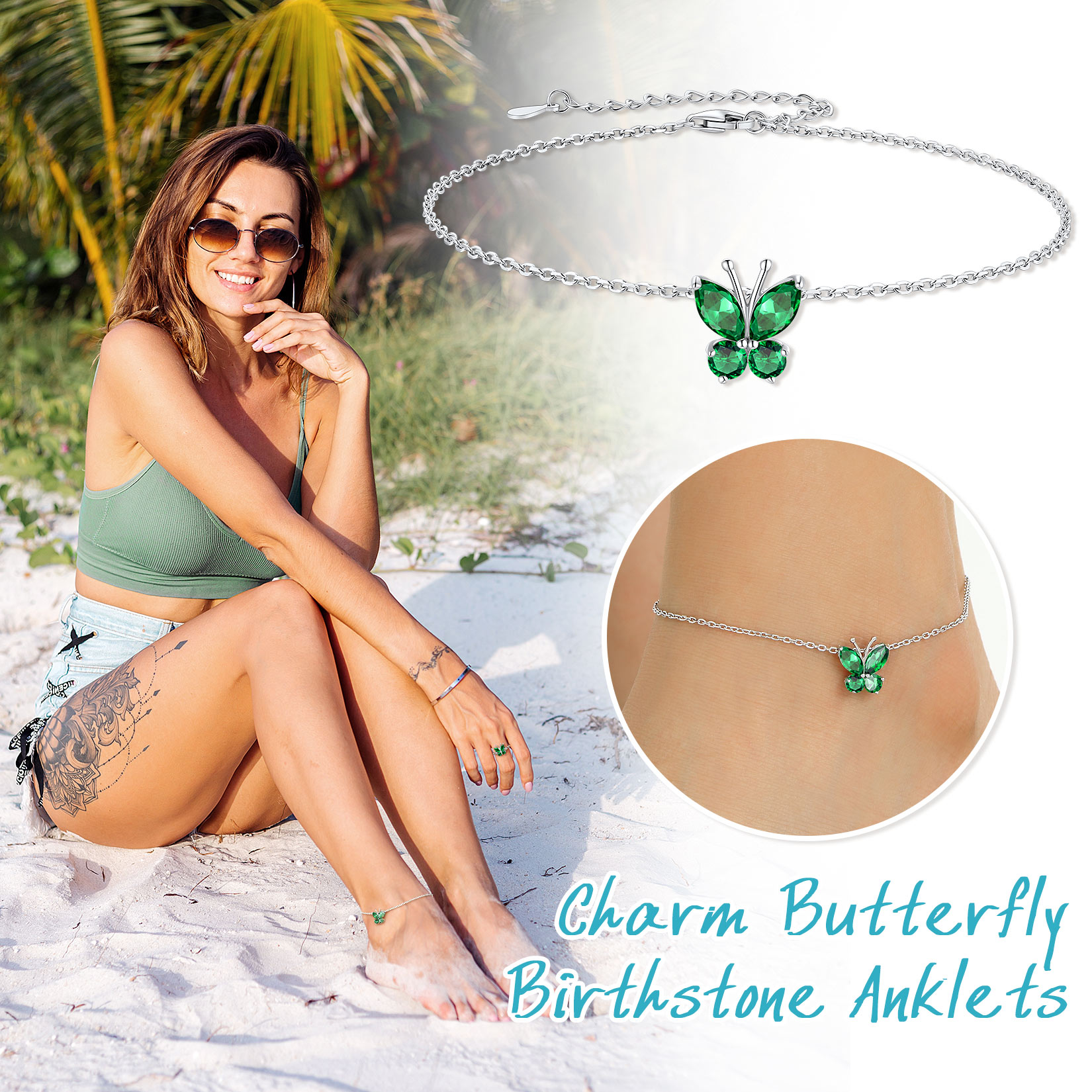 Sterling Silver ChicSilver Cute Butterfly Waterproof May. Birthstone Anklet for Women, Ladies, Mother, Friends, girlfriend
