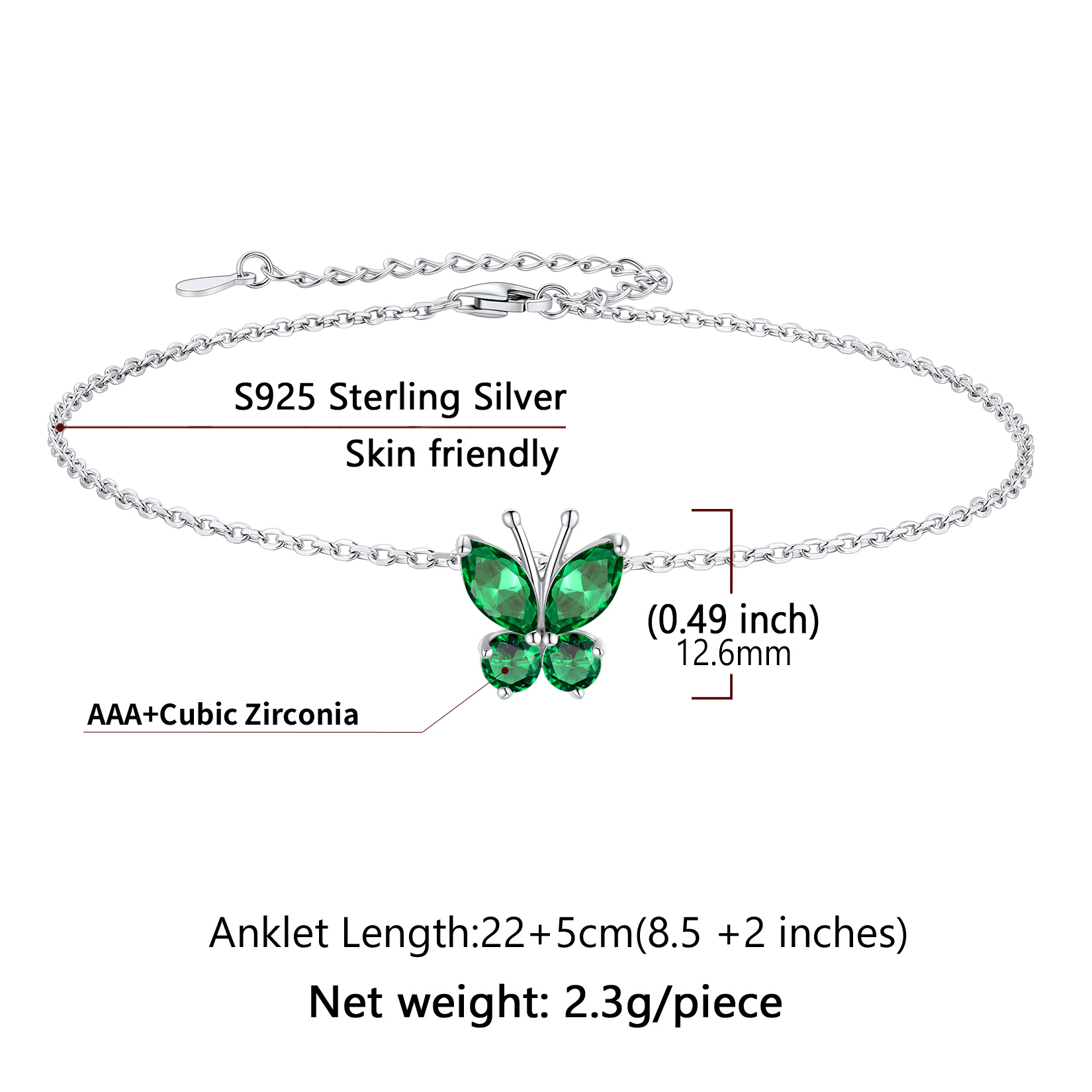 Sterling Silver ChicSilver Cute Butterfly Waterproof Birthstone Anklet Details: Dimensions, Hypoallergenic, Lobster-Claw-Clasps， Size: Length : 22cm, extender is 5cm, adjustable size: 8.5"-10.5", lightweight: 2.3 grams.
