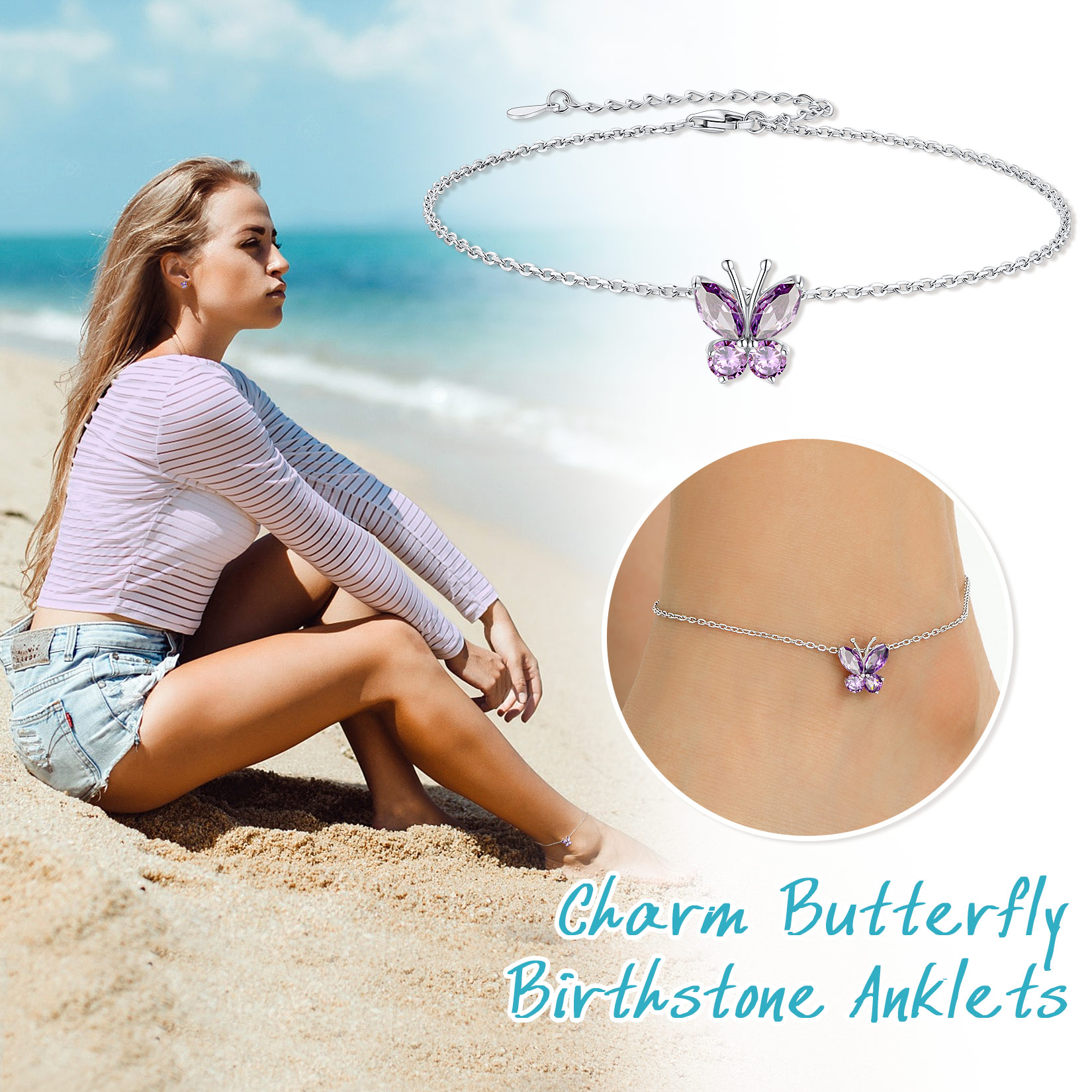 Sterling Silver ChicSilver Cute Butterfly Waterproof Jun. Birthstone Anklet for Women, Ladies, Mother, Friends, girlfriend