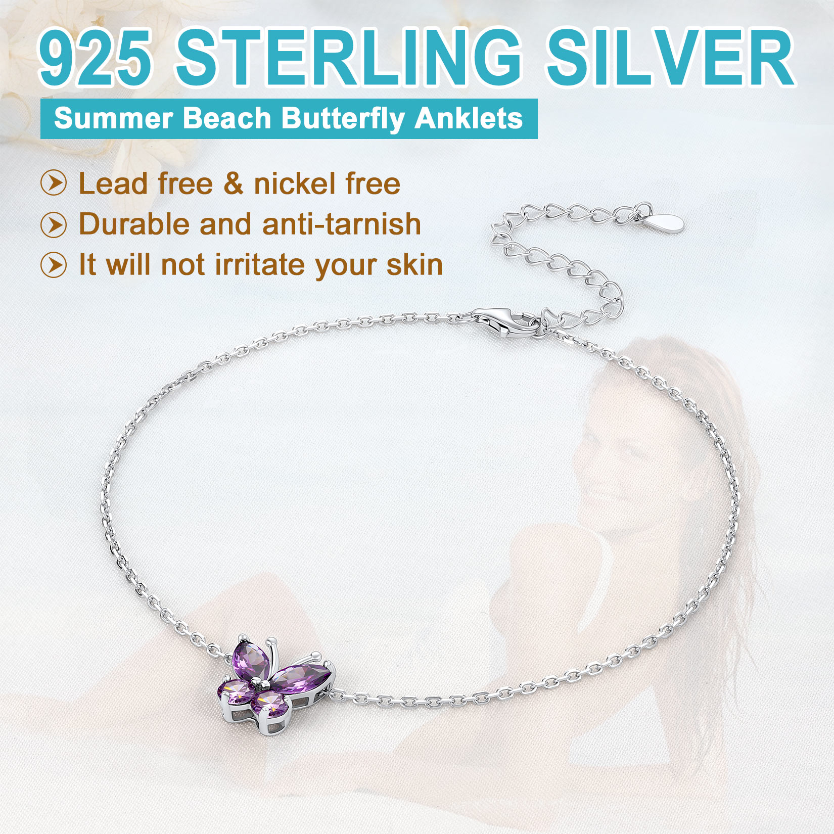 Sterling Silver ChicSilver Cute Butterfly Waterproof Birthstone Anklet