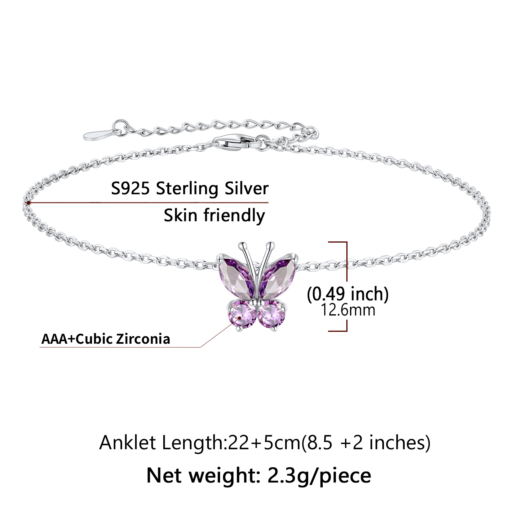 Cute Butterfly Waterproof Birthstone Anklet Details: Dimensions, Hypoallergenic, Lobster-Claw-Clasps， Size: Length : 22cm, extender is 5cm, adjustable size: 8.5"-10.5", lightweight: 2.3 grams.