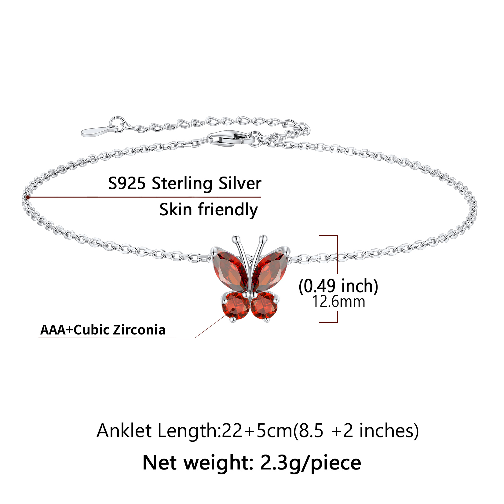 Cute Butterfly Waterproof Birthstone Anklet Details: Dimensions, Hypoallergenic, Lobster-Claw-Clasps， Size: Length : 22cm, extender is 5cm, adjustable size: 8.5"-10.5", lightweight: 2.3 grams.