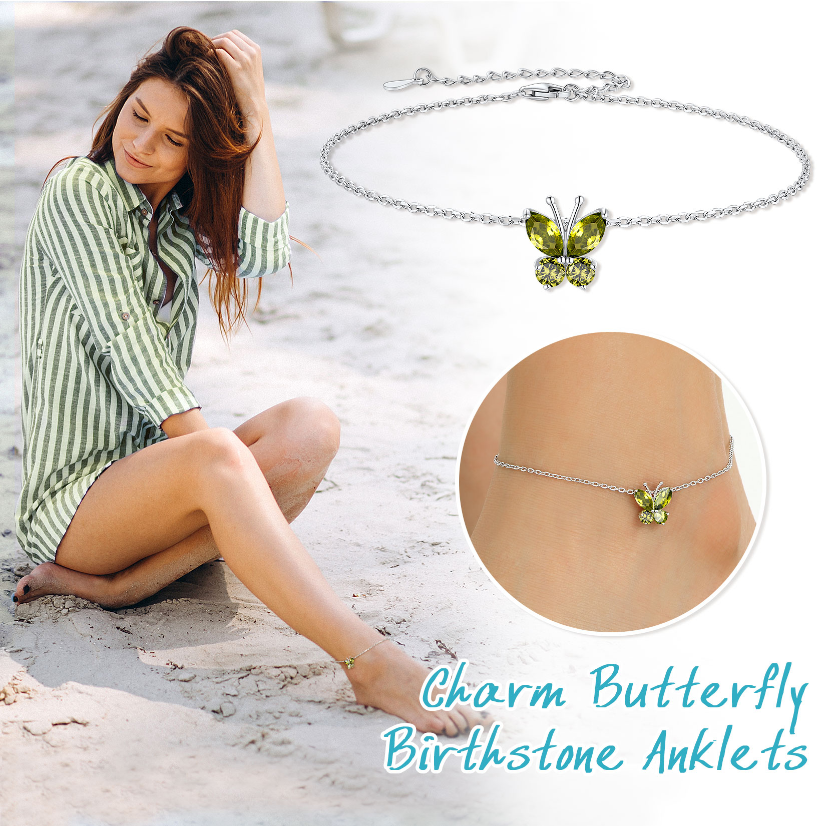 Sterling Silver ChicSilver Cute Butterfly Waterproof Aug. Birthstone Anklet for Women, Ladies, Mother, Friends, girlfriend