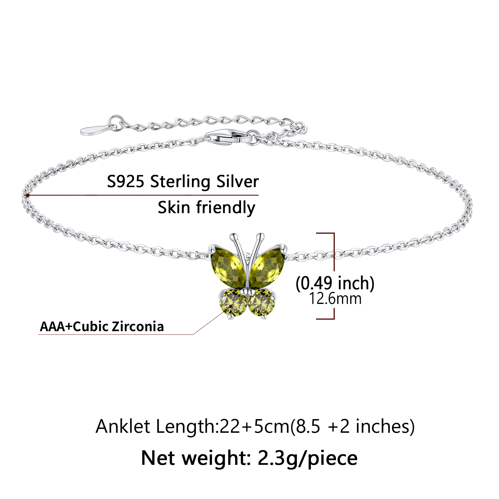 Cute Butterfly Waterproof Birthstone Anklet Details: Dimensions, Hypoallergenic, Lobster-Claw-Clasps， Size: Length : 22cm, extender is 5cm, adjustable size: 8.5"-10.5", lightweight: 2.3 grams.