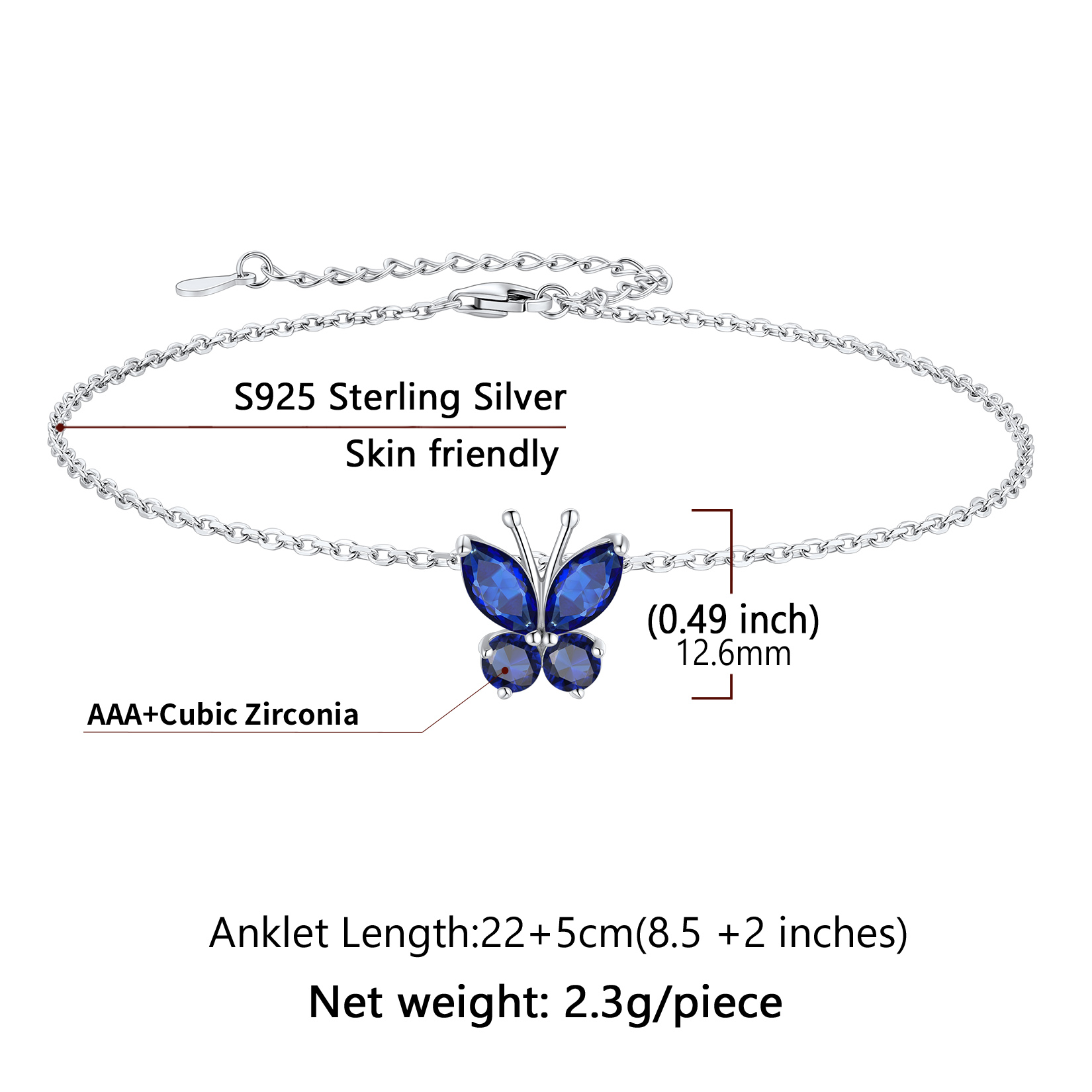 Cute Butterfly Waterproof Birthstone Anklet Details: Dimensions, Hypoallergenic, Lobster-Claw-Clasps， Size: Length : 22cm, extender is 5cm, adjustable size: 8.5"-10.5", lightweight: 2.3 grams.
