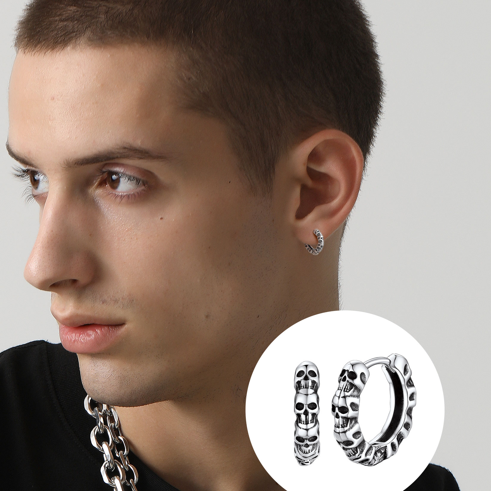 Punk Rock Gothic Skull Huggie Hoop Earrings  for Men,  boyfriend, teenager, husband