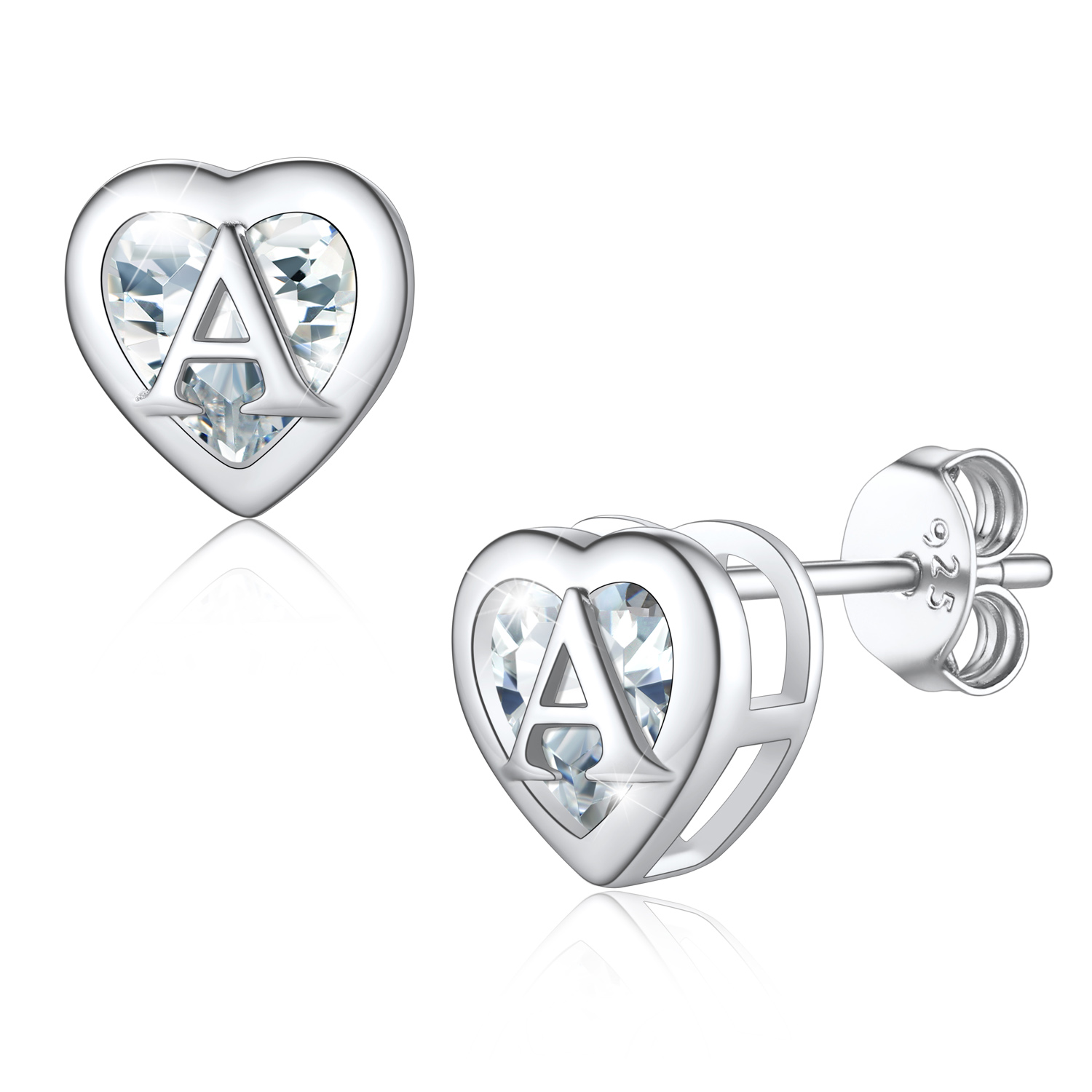 Love Heart Initial Cubic Zirconia Stud Earrings