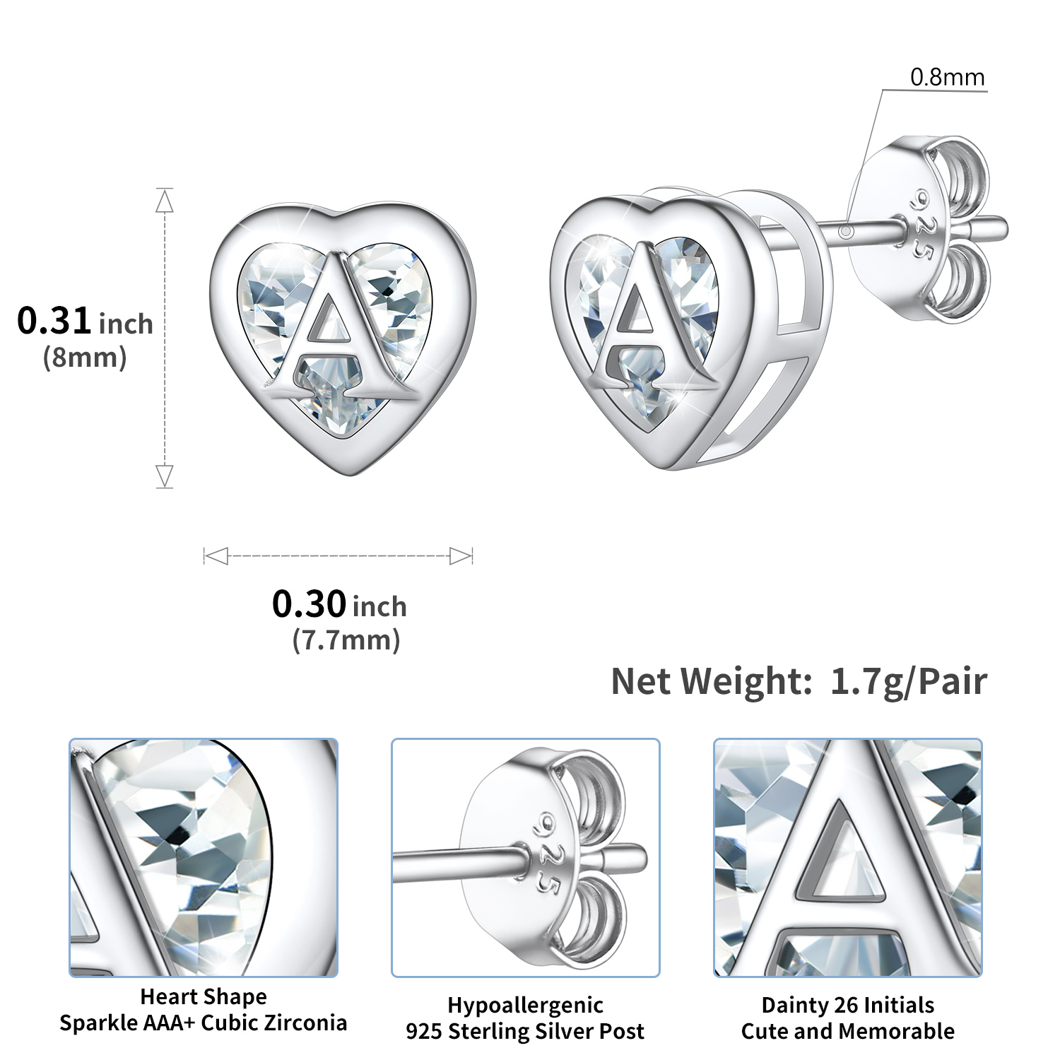 Sterling Silver ChicSilver Love Heart Initial Cubic Zirconia Stud Earrings Details: Dimensions, Hypoallergenic, Push Back Finding