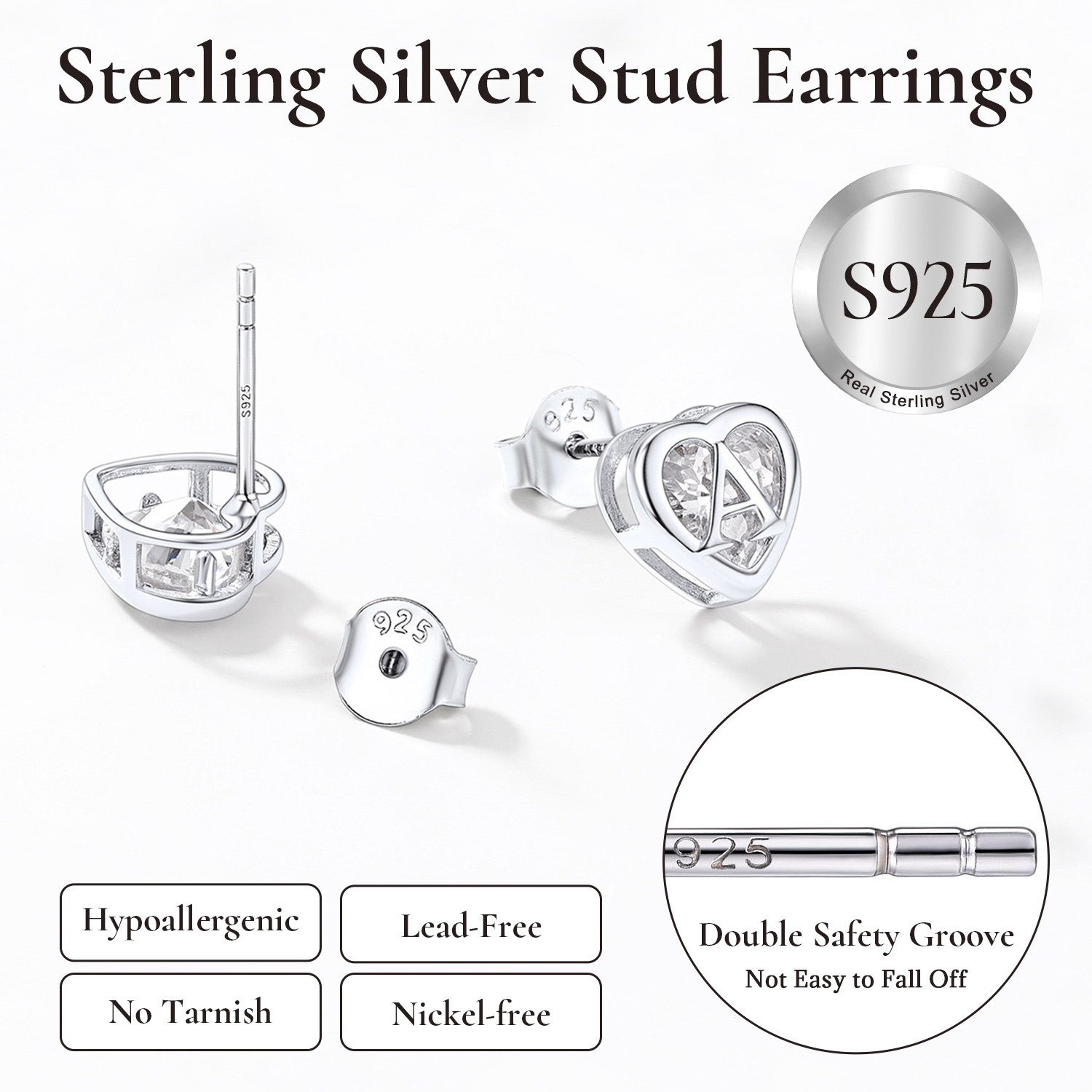 Sterling Silver ChicSilver Love Heart Initial Cubic Zirconia Stud Earrings
