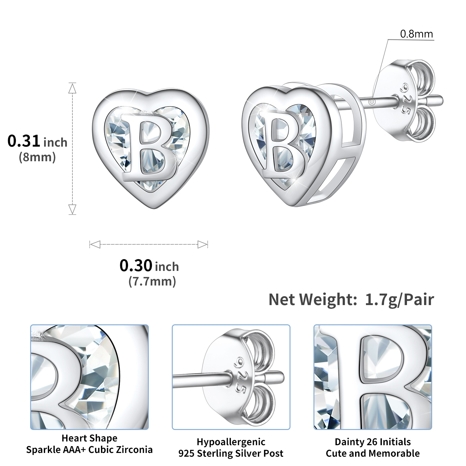 Sterling Silver ChicSilver Love Heart Initial Cubic Zirconia Stud Earrings Details: Dimensions, Hypoallergenic, Push Back Finding